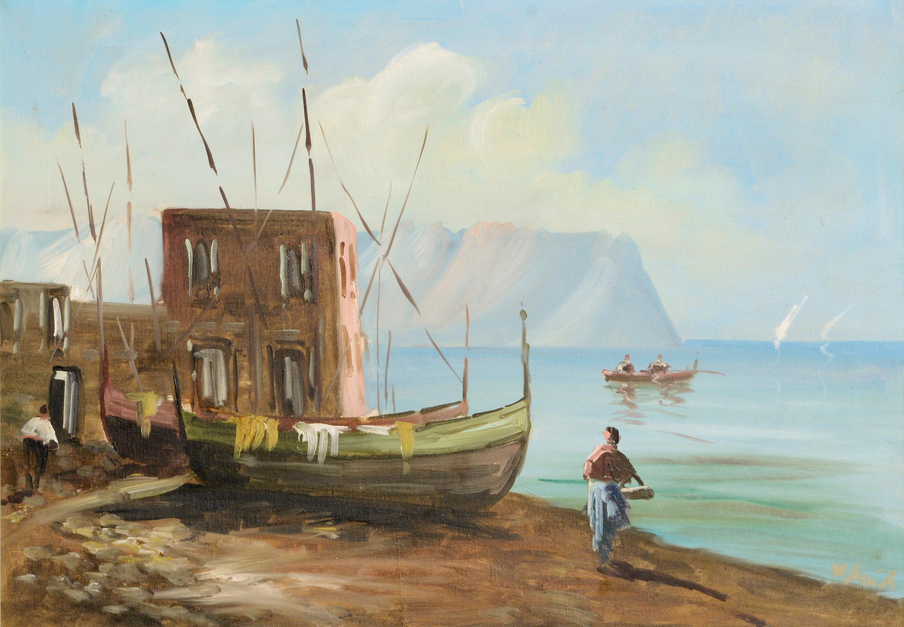 Boats on the Shore - Figurative Landscape - Painting by Unknown