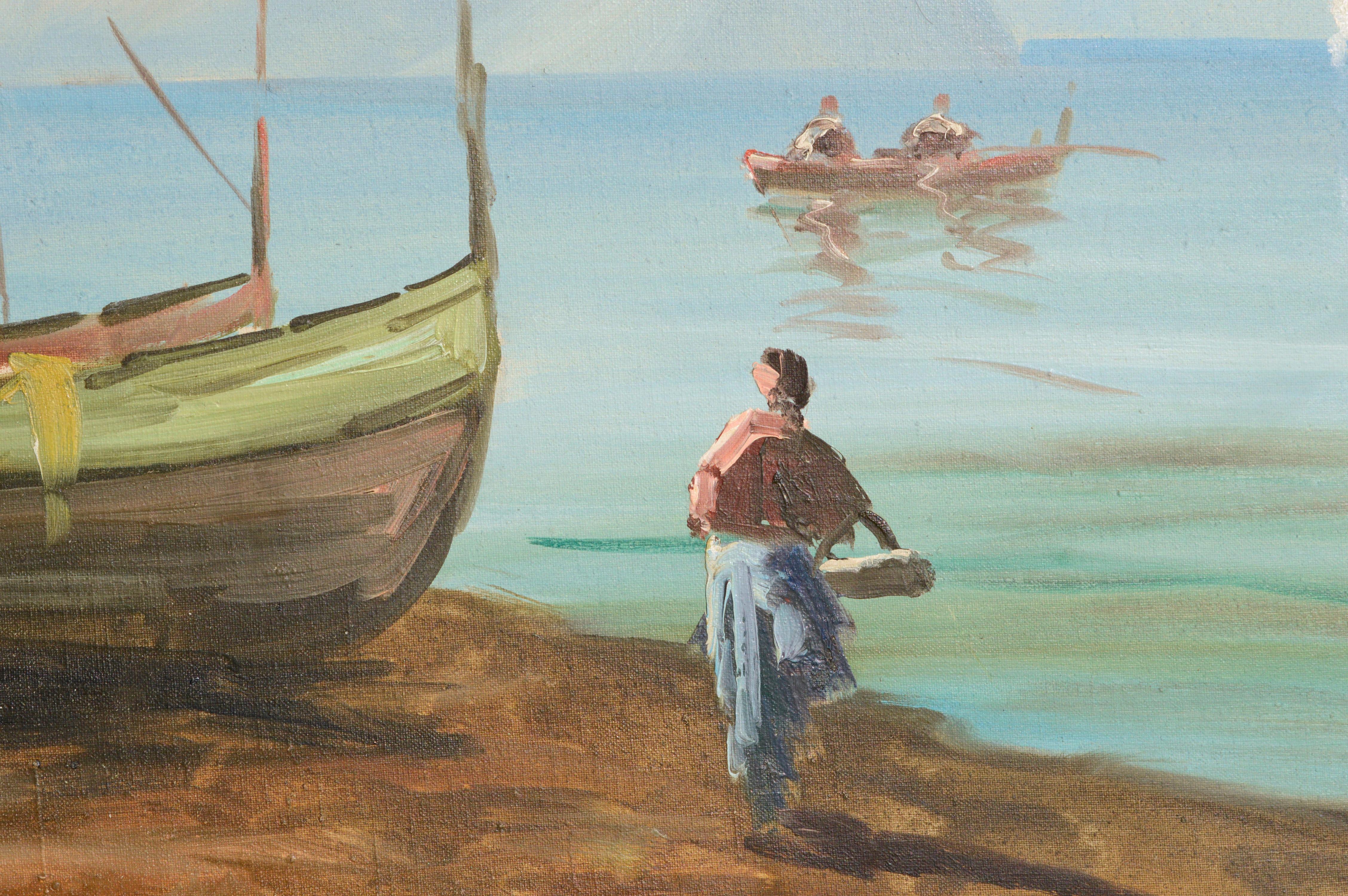 Boats on the Shore - Figurative Landscape - Brown Landscape Painting by Unknown