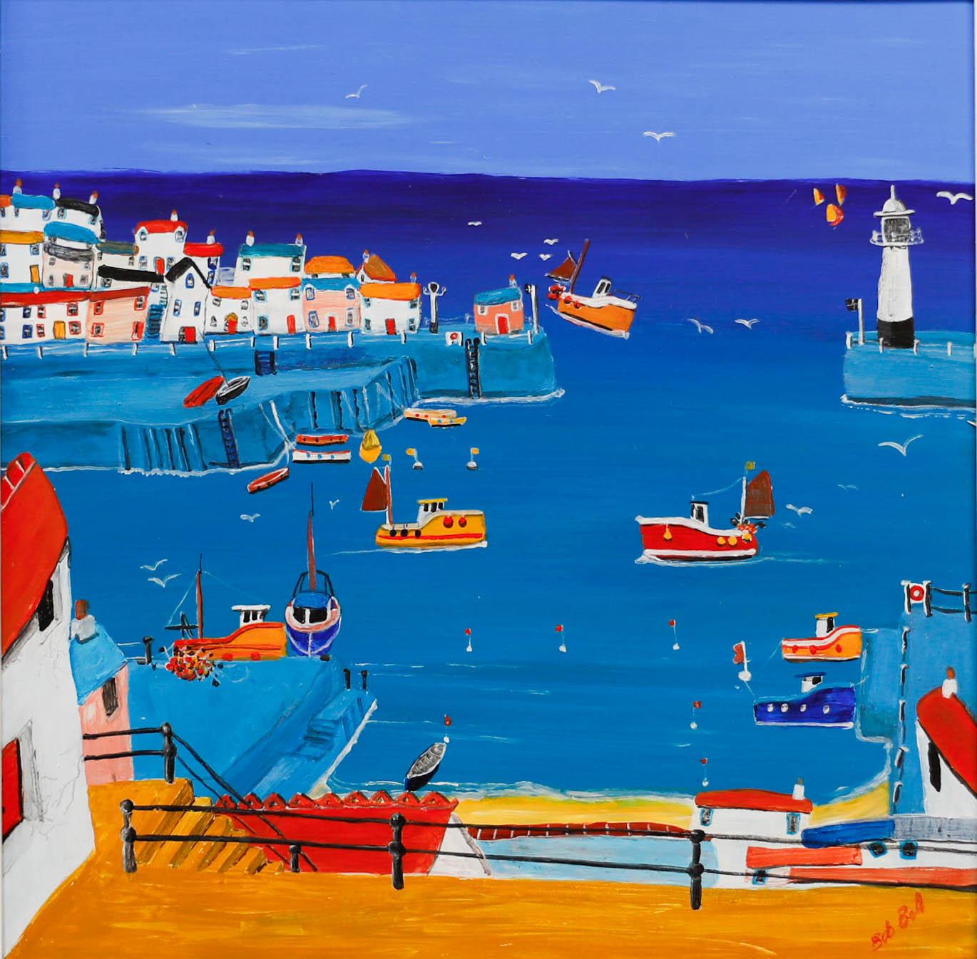 Bob Bell - Gerahmtes Contemporary Acrylic, Cornish Harbour – Painting von Unknown