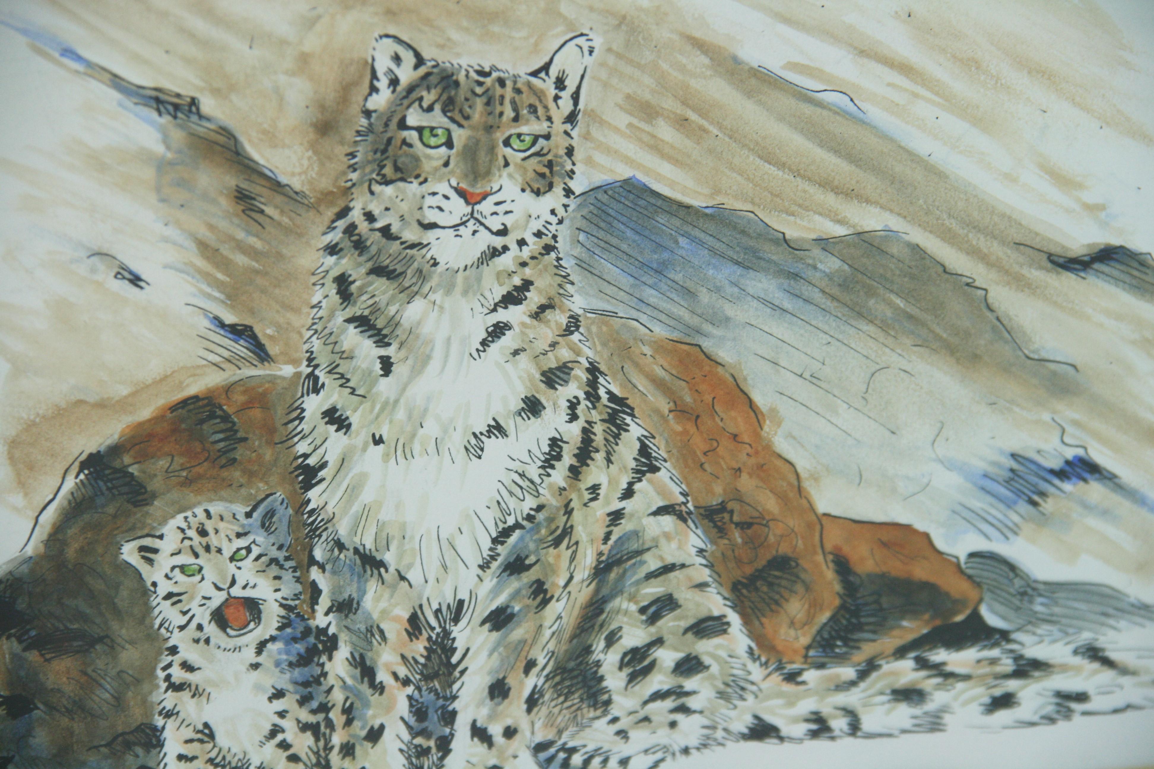 Unknown Animal Painting - Framed 1980s Watercolor of Bobcat Mother and Cub with India Ink