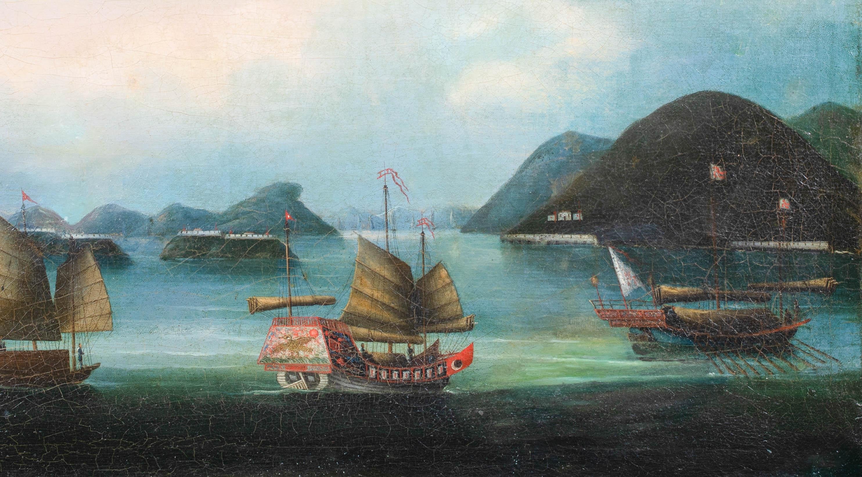 Bocca Tigris, Chinese Export Trade, circa 1850

Qing Dynasty - one of a set of three

Large circa 1850 Qing Dynasty view of Bocca Tigris, oil on canvas. Important early and excellent condition large scale view of the busy trade harbour presented in
