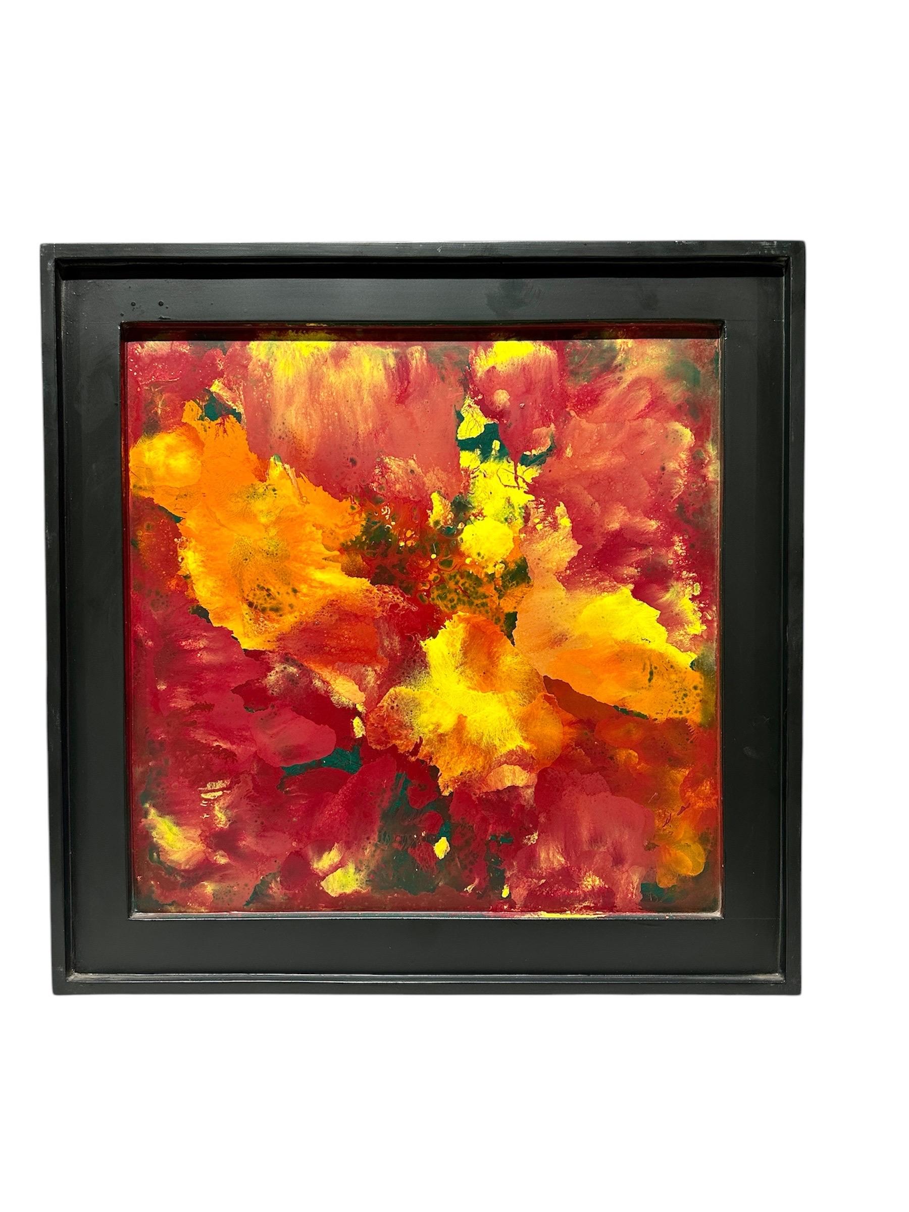 Add a burst of energy to your space with this 25 x 25 inch abstract painting on wood. Featuring dynamic red, orange, and yellow hues with textured brushstrokes, this original artwork by an unknown artist is a vibrant statement piece. The wood panel