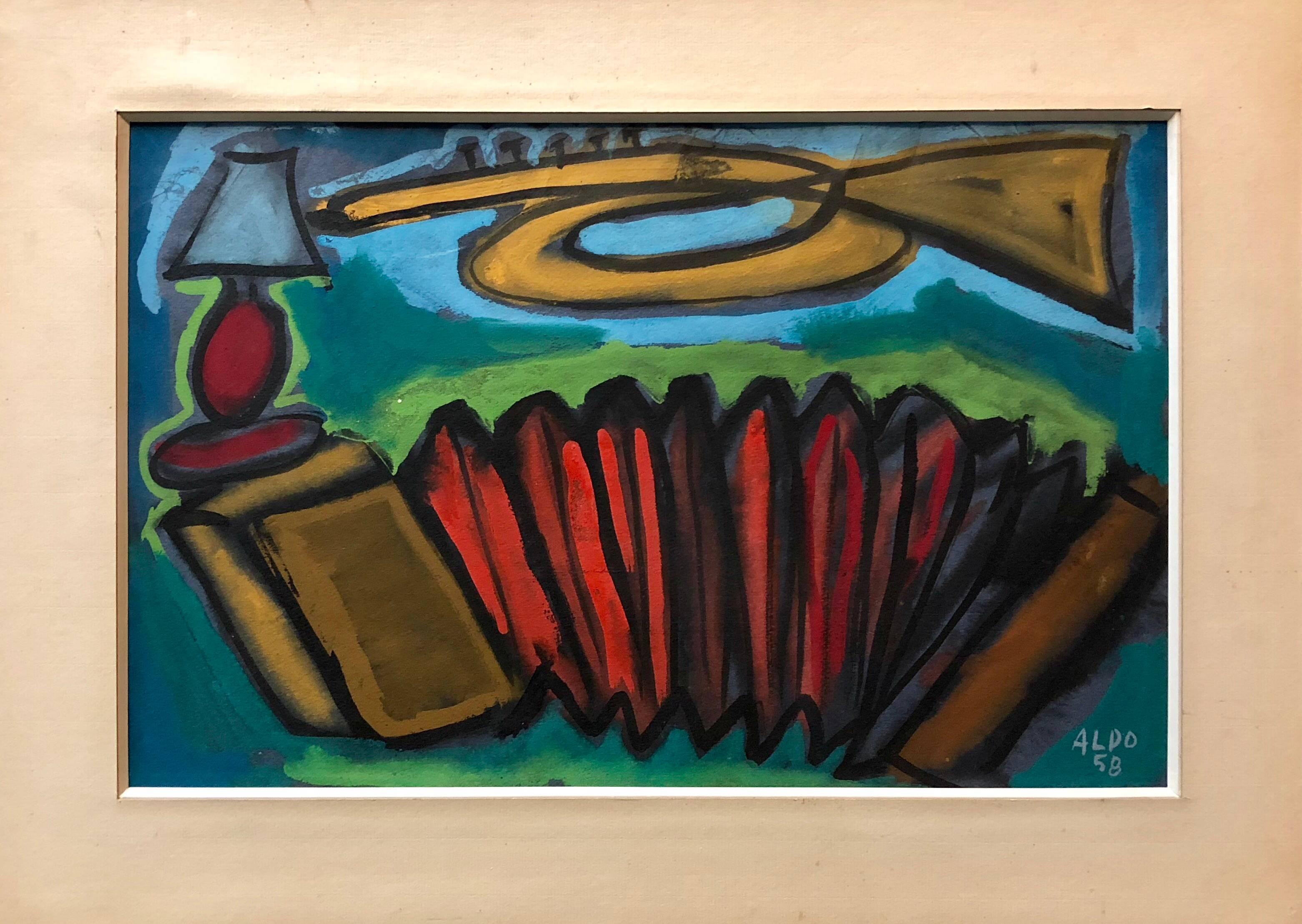 Abstraktes, farbenfrohes, französisches modernistisches Gemälde, 1958, signiert Aldo  – Painting von Unknown