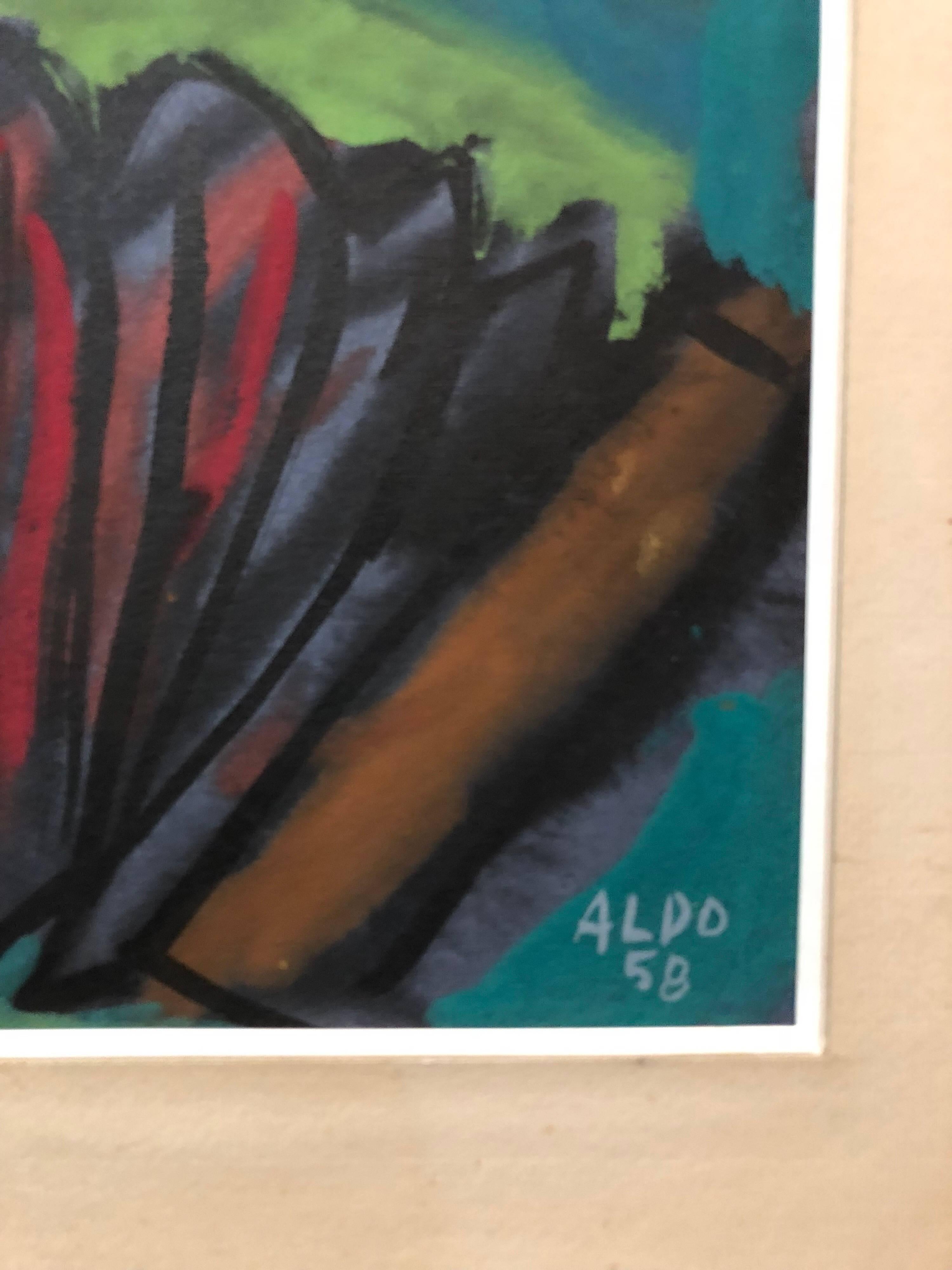 Abstraktes, farbenfrohes, französisches modernistisches Gemälde, 1958, signiert Aldo  (Moderne), Painting, von Unknown