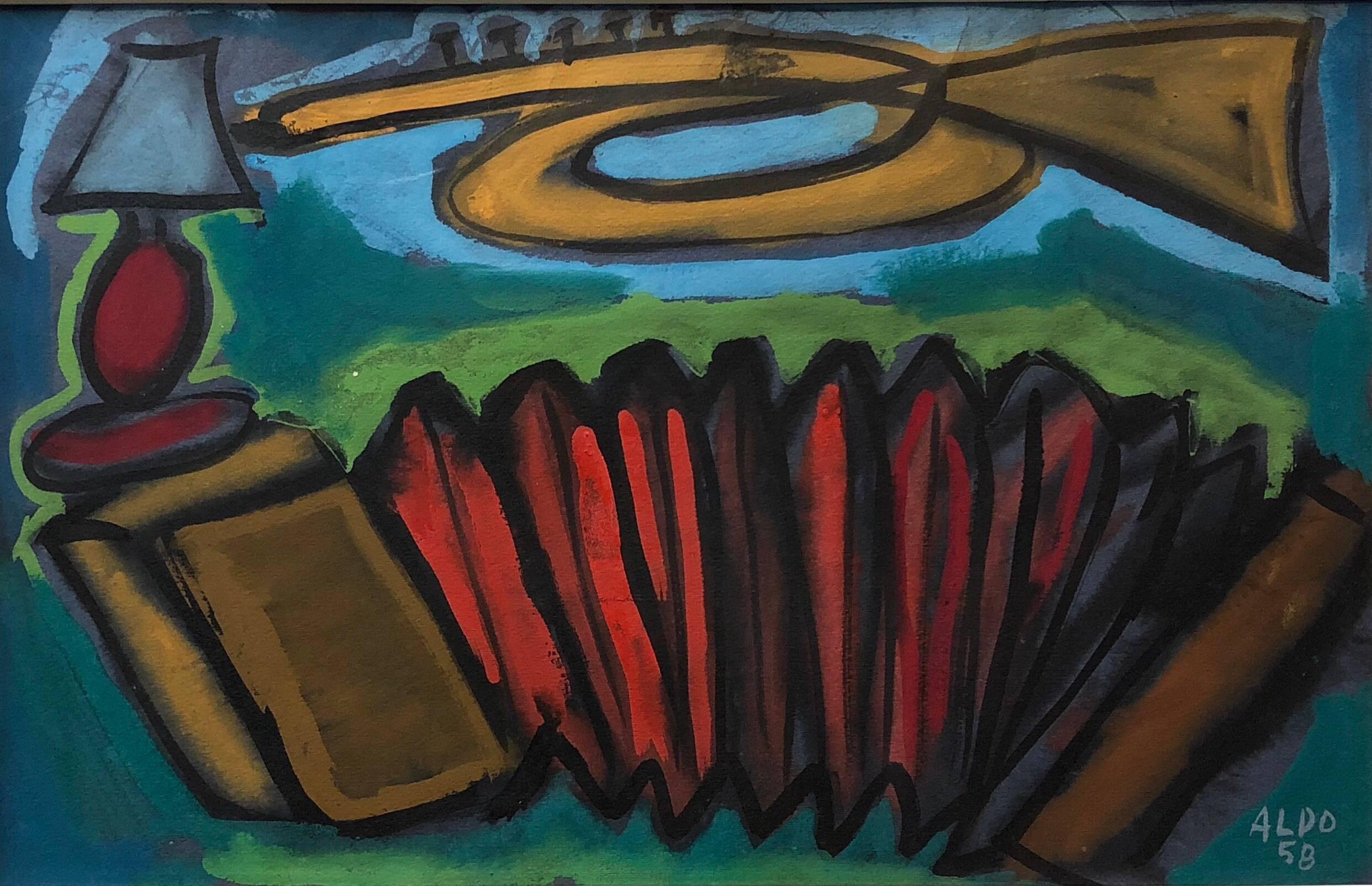 Abstraktes, farbenfrohes, französisches modernistisches Gemälde, 1958, signiert Aldo 