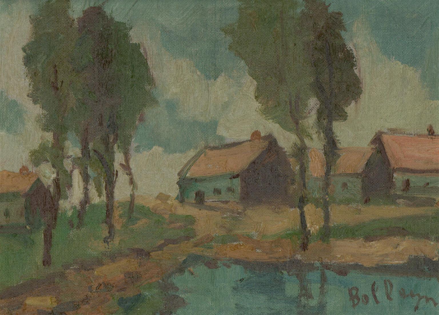 Bolleyn - Framed Contemporary Oil, Continental Landscape with Cottages - Painting by Unknown
