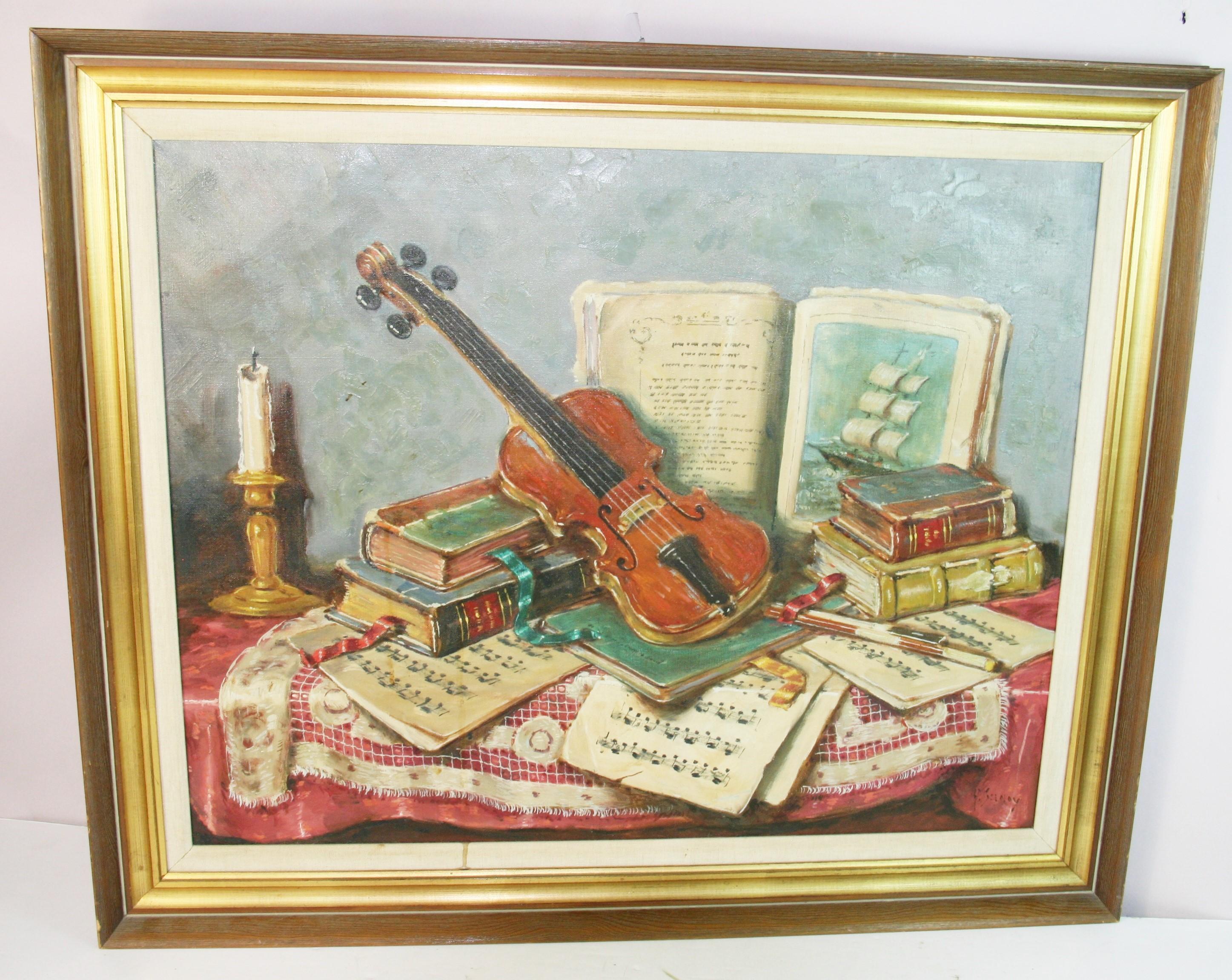 Bücher, Kerze und Geige Stillleben Tabelle Einstellung große Ölgemälde – Painting von Unknown