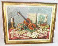 Books, Candle and Violin Still Life Table Setting Large Oil Painting