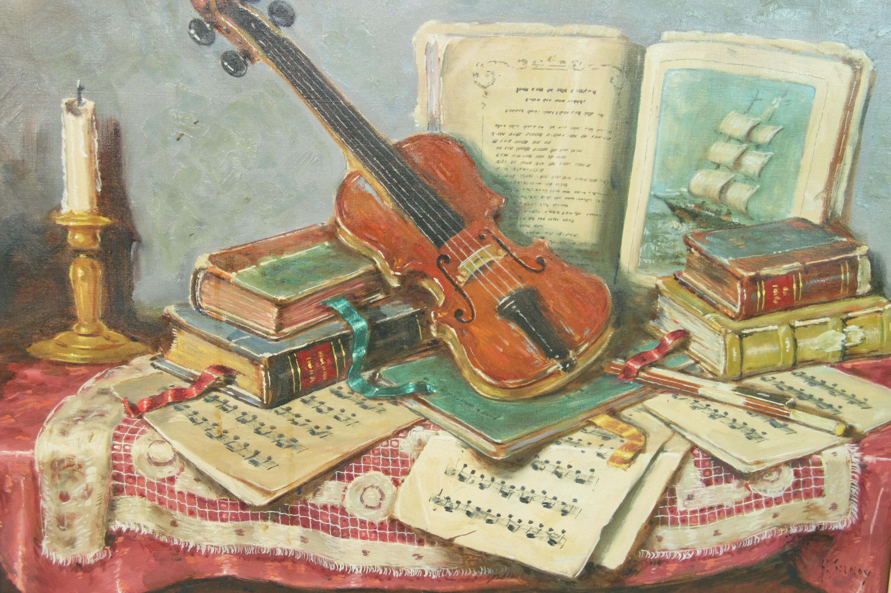 Bücher, Kerze und Geige Stillleben Tabelle Einstellung große Ölgemälde (Beige), Landscape Painting, von Unknown