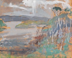 Paisaje fronterizo, años 30 - Cuadro enmarcado de paisaje con montañas, árboles y lago