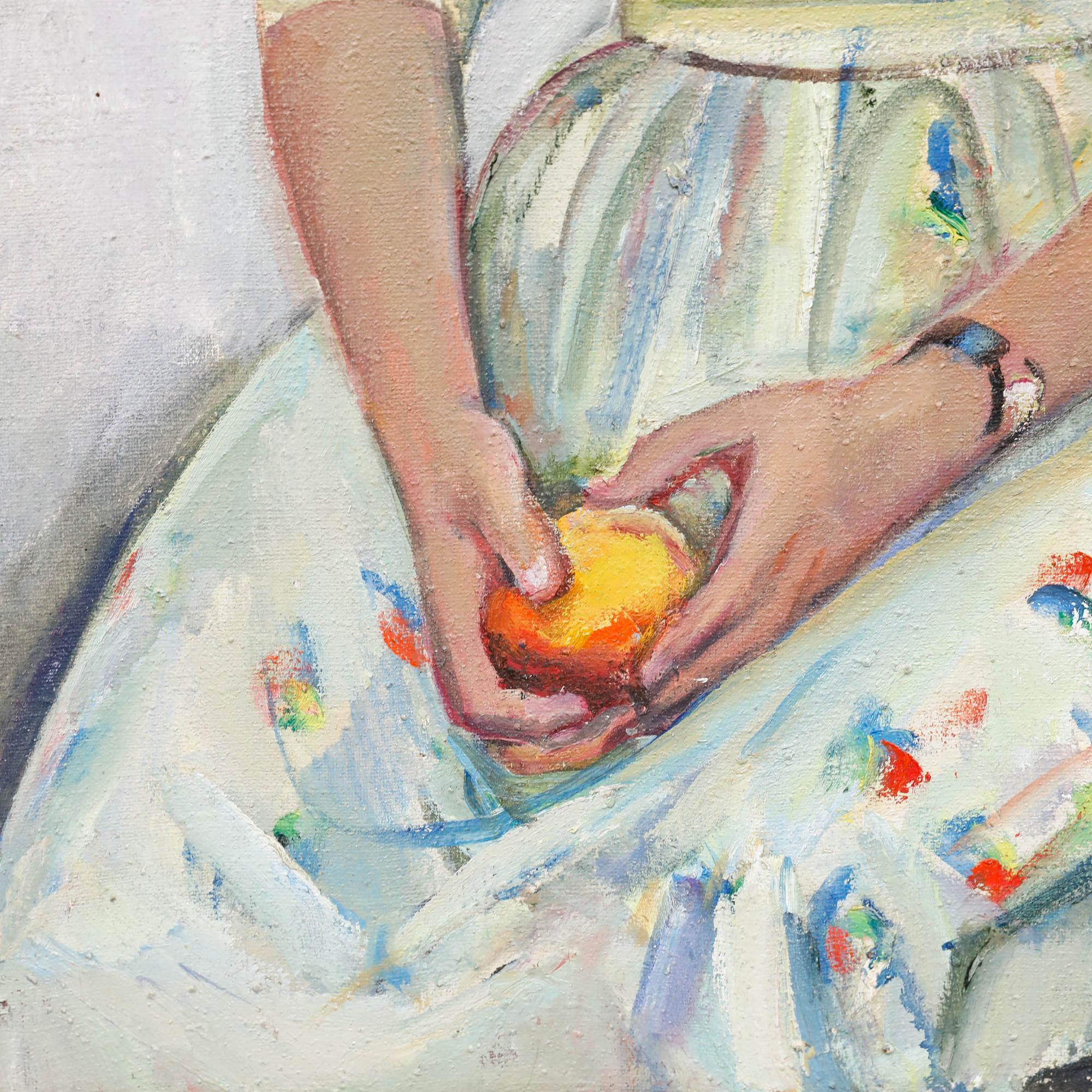 Boris Korzhevski (1927-2004), Russian School, olio su tela. Ritratto di una giovane ragazza seduta all'aperto con il sole che tramonta all'orizzonte dell'oceano. Firmato nell'angolo superiore sinistro. Firmato e intitolato in cirillico sul retro. Su