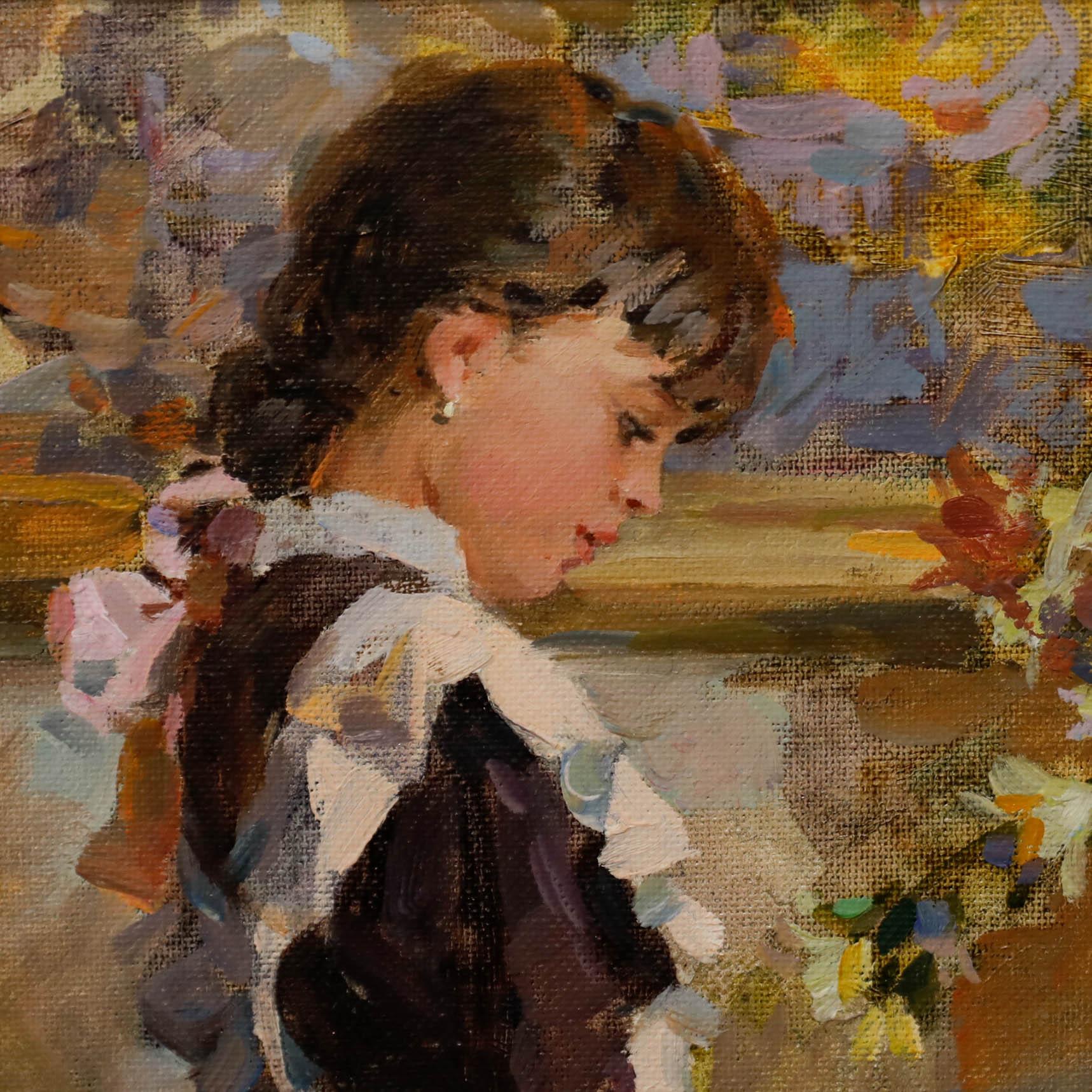 Boris Trofimenko (b. 1919) 'School Girl Reading Books', oil on board. Signed to the lower right. Immaculately presented in a contemporary gilt-effect frame. Inscribed verso. 