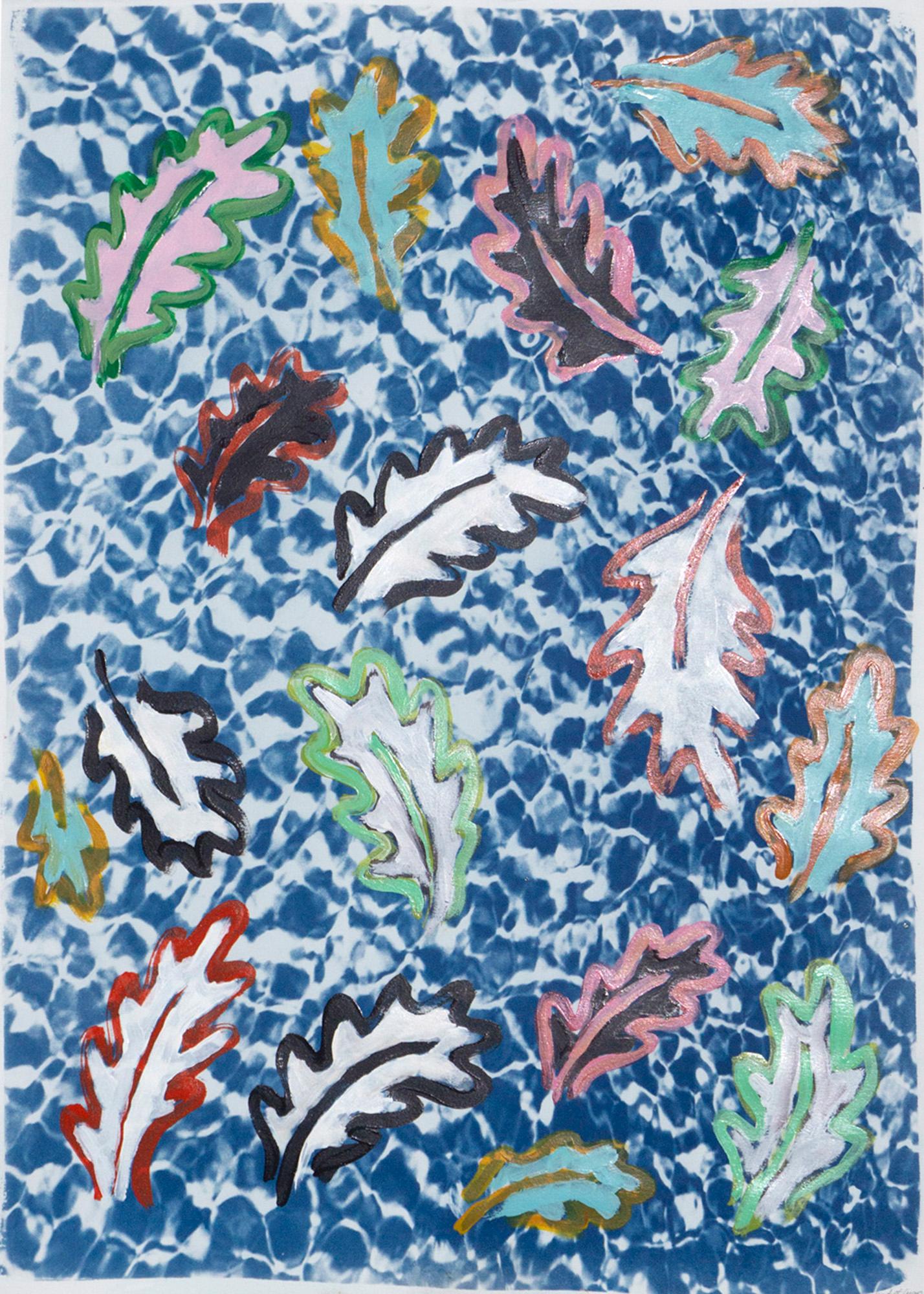 "Botanical Leaves Floating on a Pool" 50x70cm, Colorful Mixed Media on Cyanotype