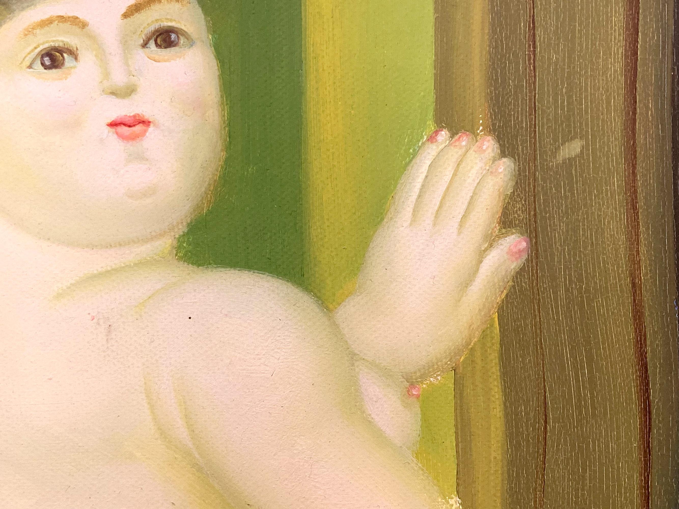 Encantador óleo de mediados del siglo XX que representa a una mujer desnuda de pie en una caprichosa escena interior al estilo de Botero. Fernando Botero era conocido por su estilo característico, también conocido como 