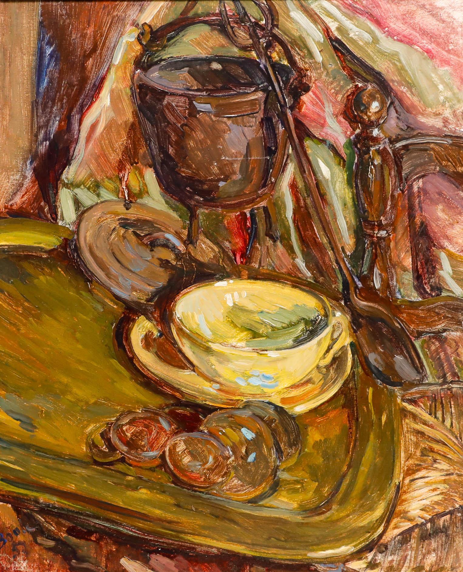 Boule - 1957 Öl, Stilleben mit Teetasse – Painting von Unknown