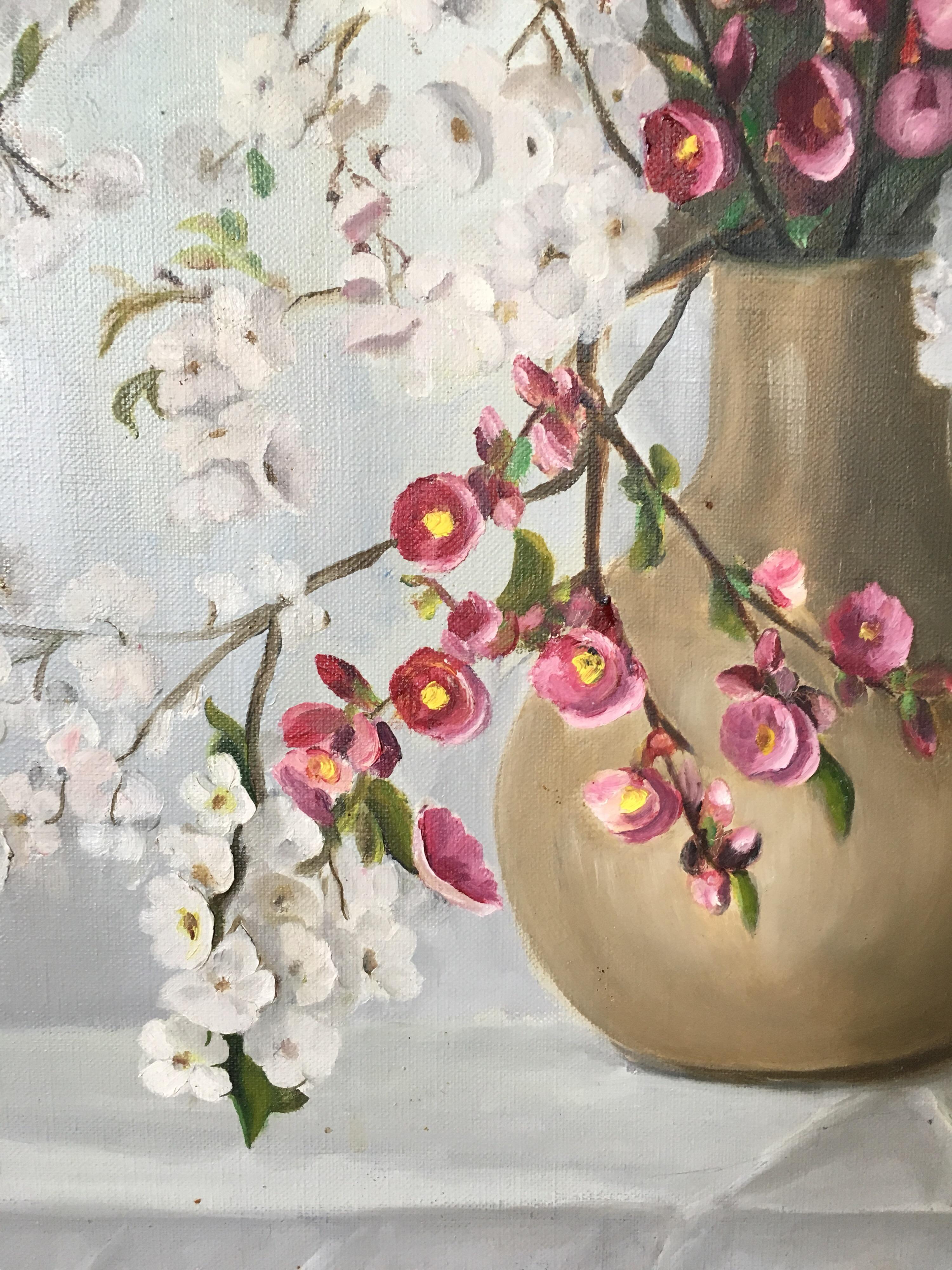 „Bouquet de Fleurs“ impressionistisches Blumenstillleben, signiertes Ölgemälde (Grau), Still-Life Painting, von Unknown