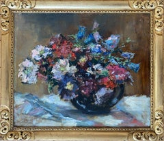 Bouquet of Flowers, Dutch School, Original Antique Oil on Wood, Signed