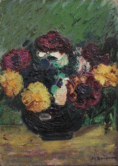 'Bouquet of Flowers in a Black Vase', French School Signed Quignon 