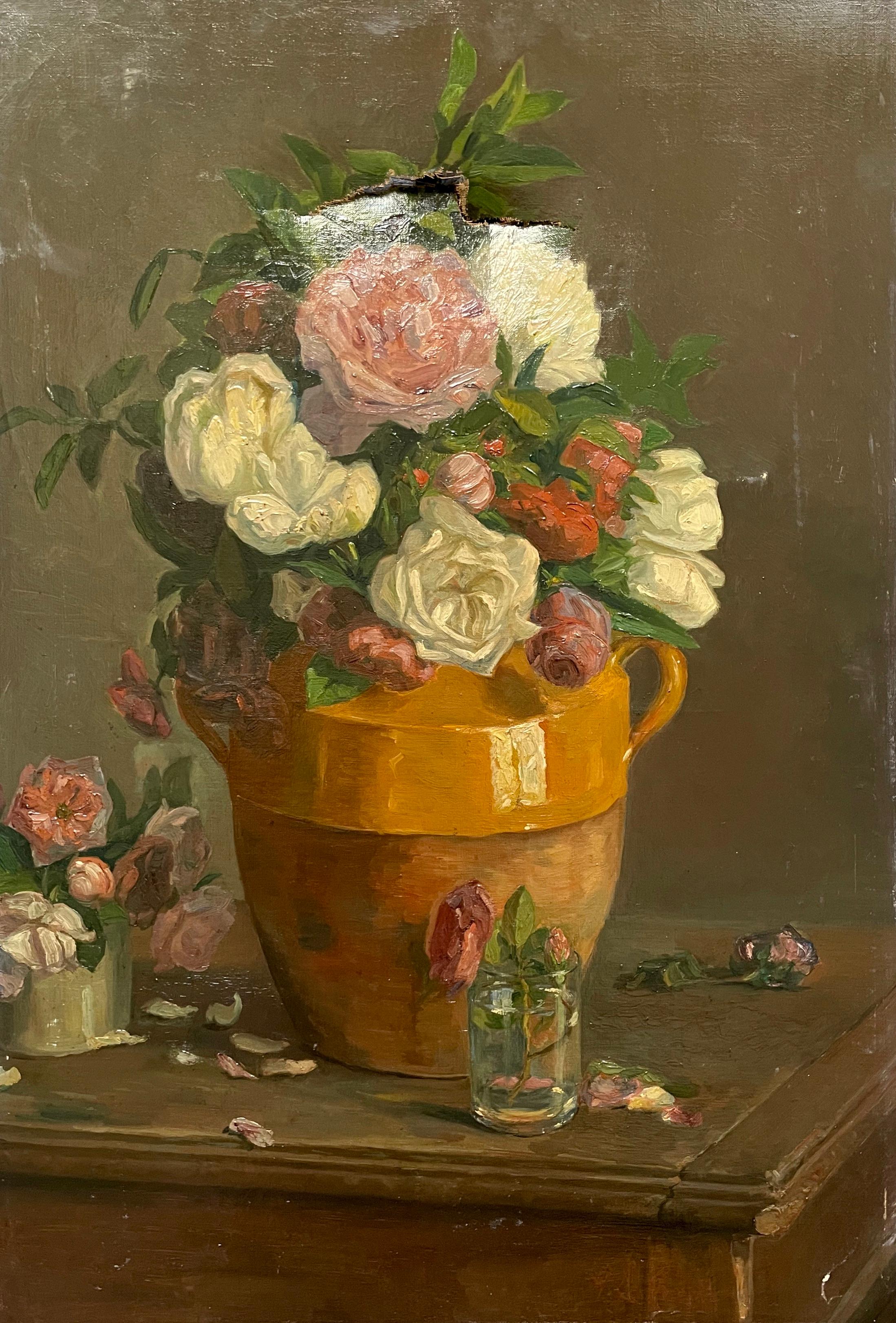 Blumenstrauß, Öl auf Leinwand, zu restaurieren – Painting von Unknown