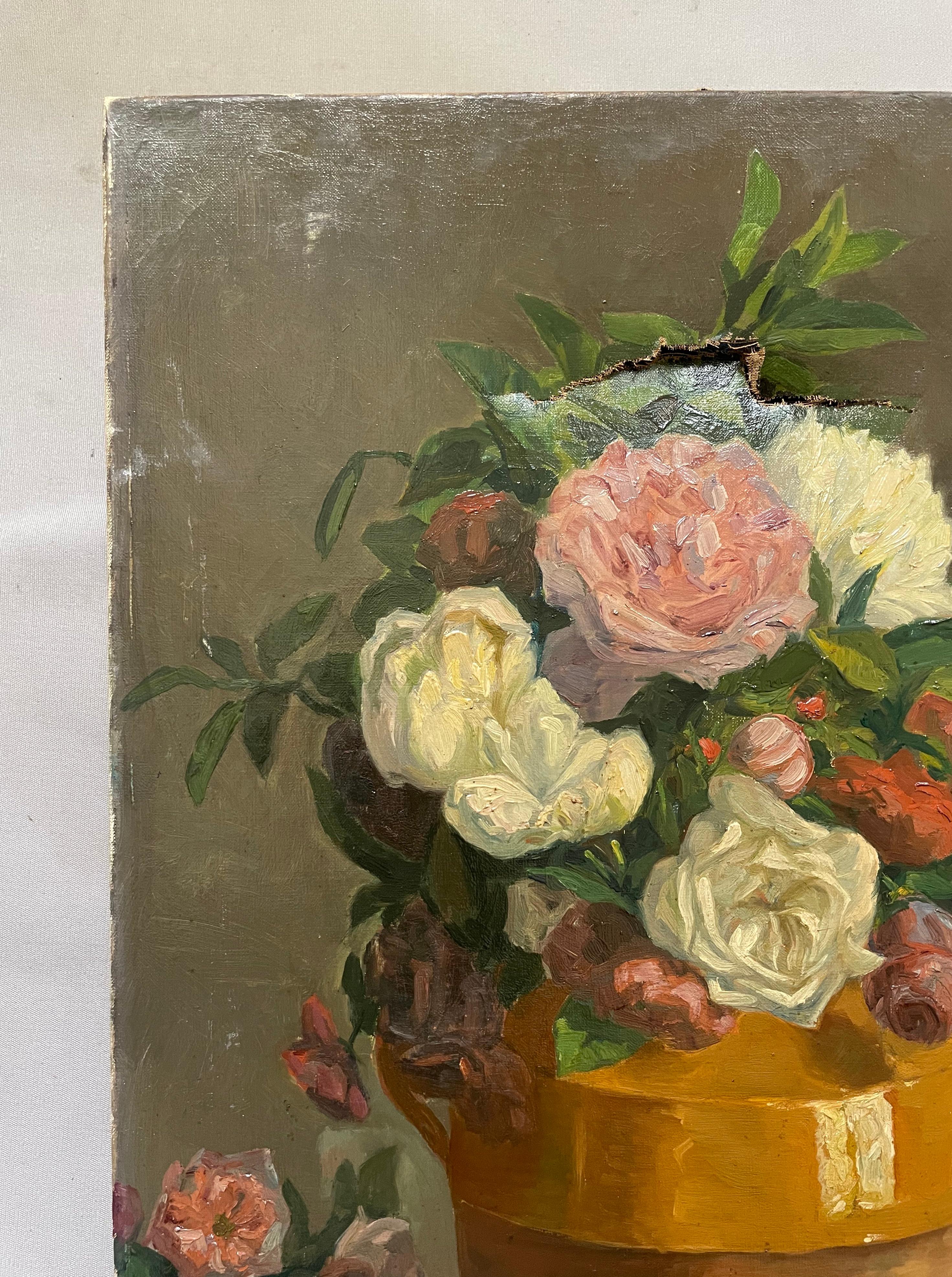 Blumenstrauß, Öl auf Leinwand, zu restaurieren (Braun), Still-Life Painting, von Unknown