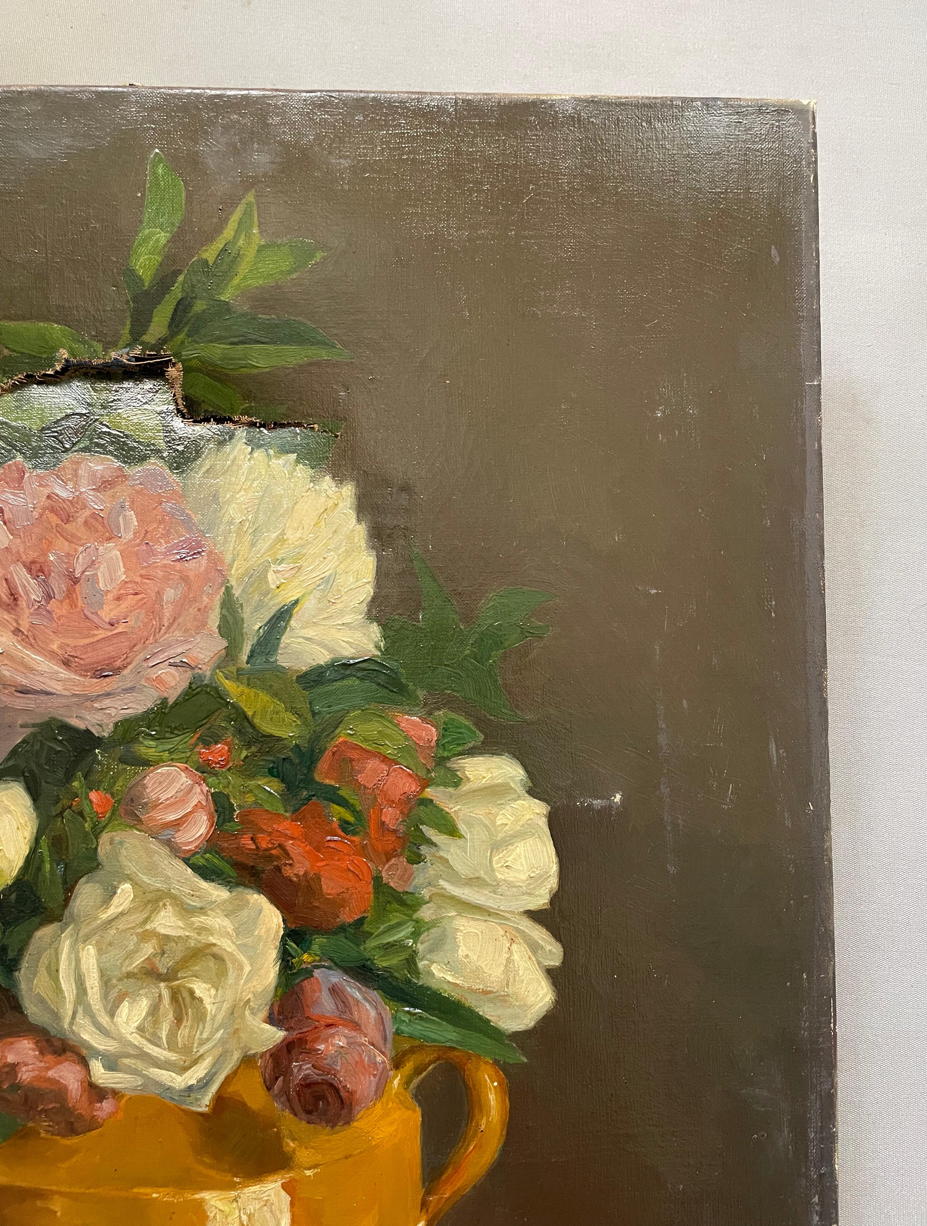 Blumenstrauß.  
Öl auf Leinwand, frühes 20. Jahrhundert.  
Ein Riss am oberen Rand, kleine Kratzer.  
73 x 50 cm.