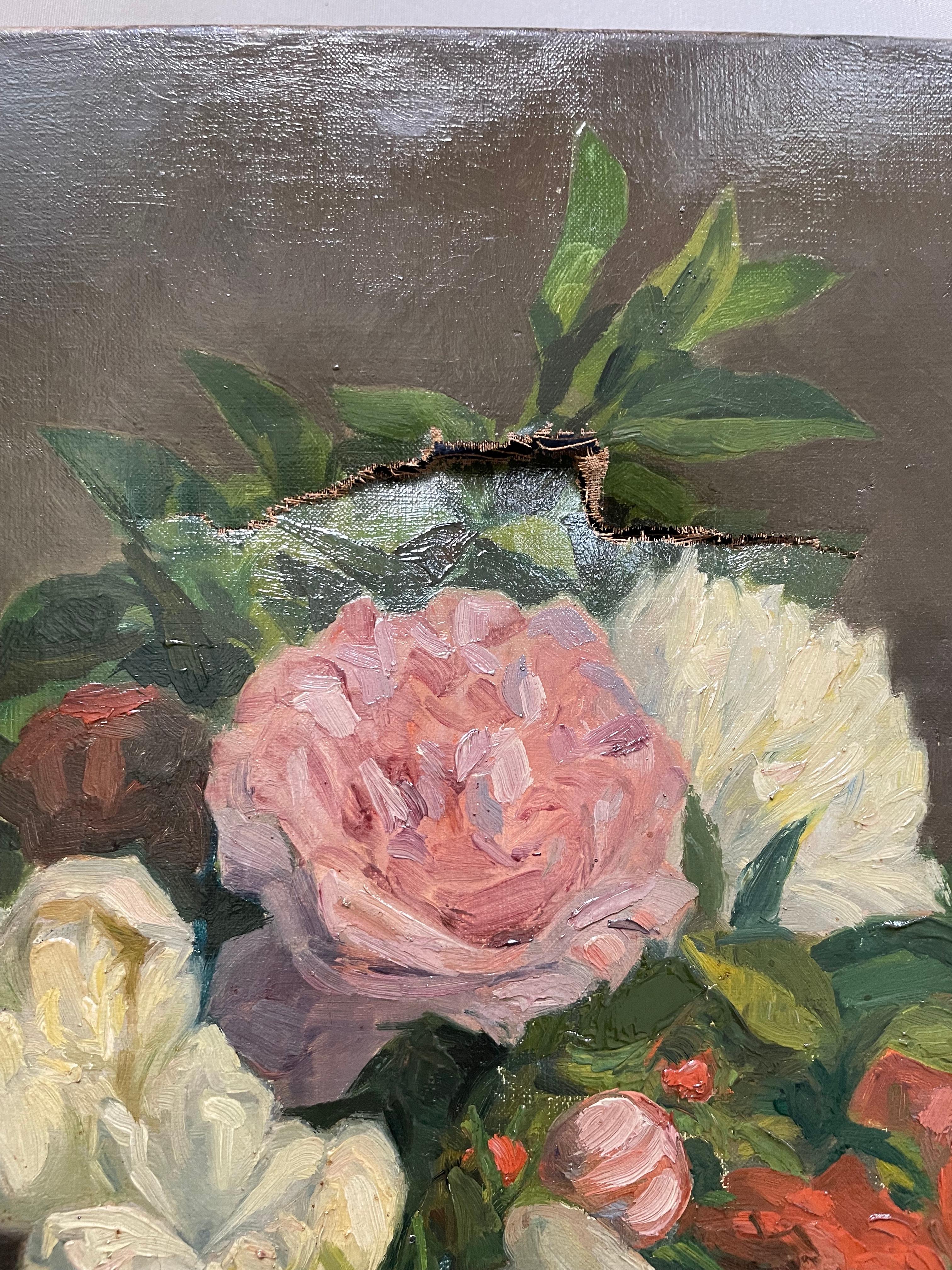 Blumenstrauß, Öl auf Leinwand, zu restaurieren im Angebot 3