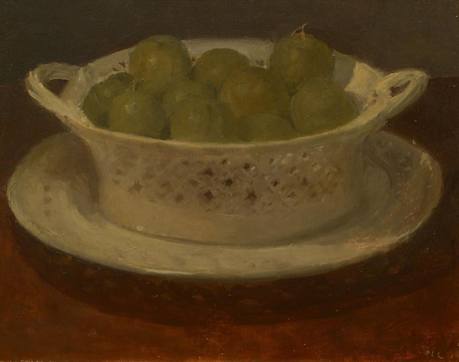 Unknown Still-Life Painting - "Bowl of Plums, " Monogrammed N.C., British/French Impressionist, oil, still life