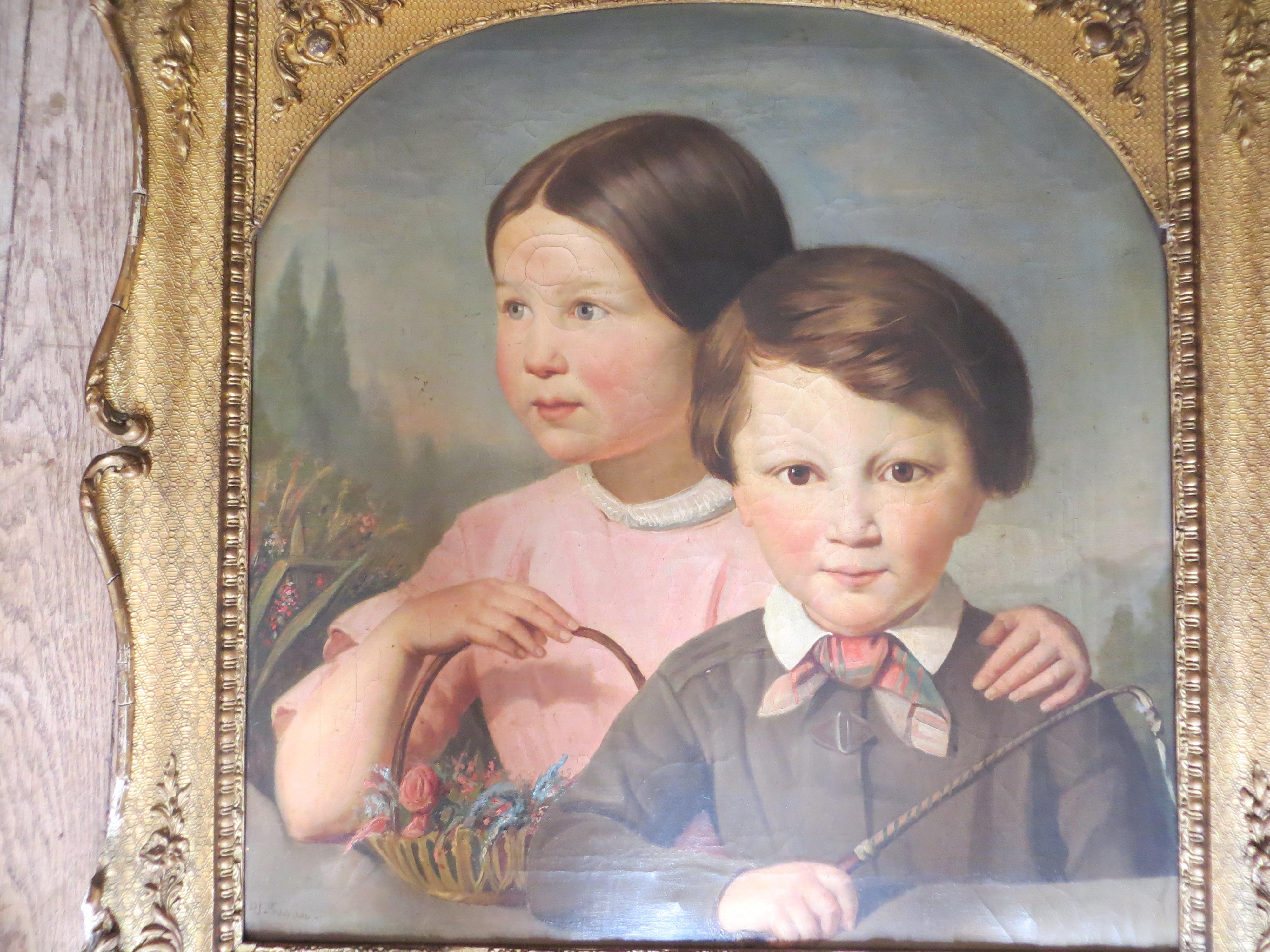 Boy and Girl with  flowers and whip  - Painting by Unknown