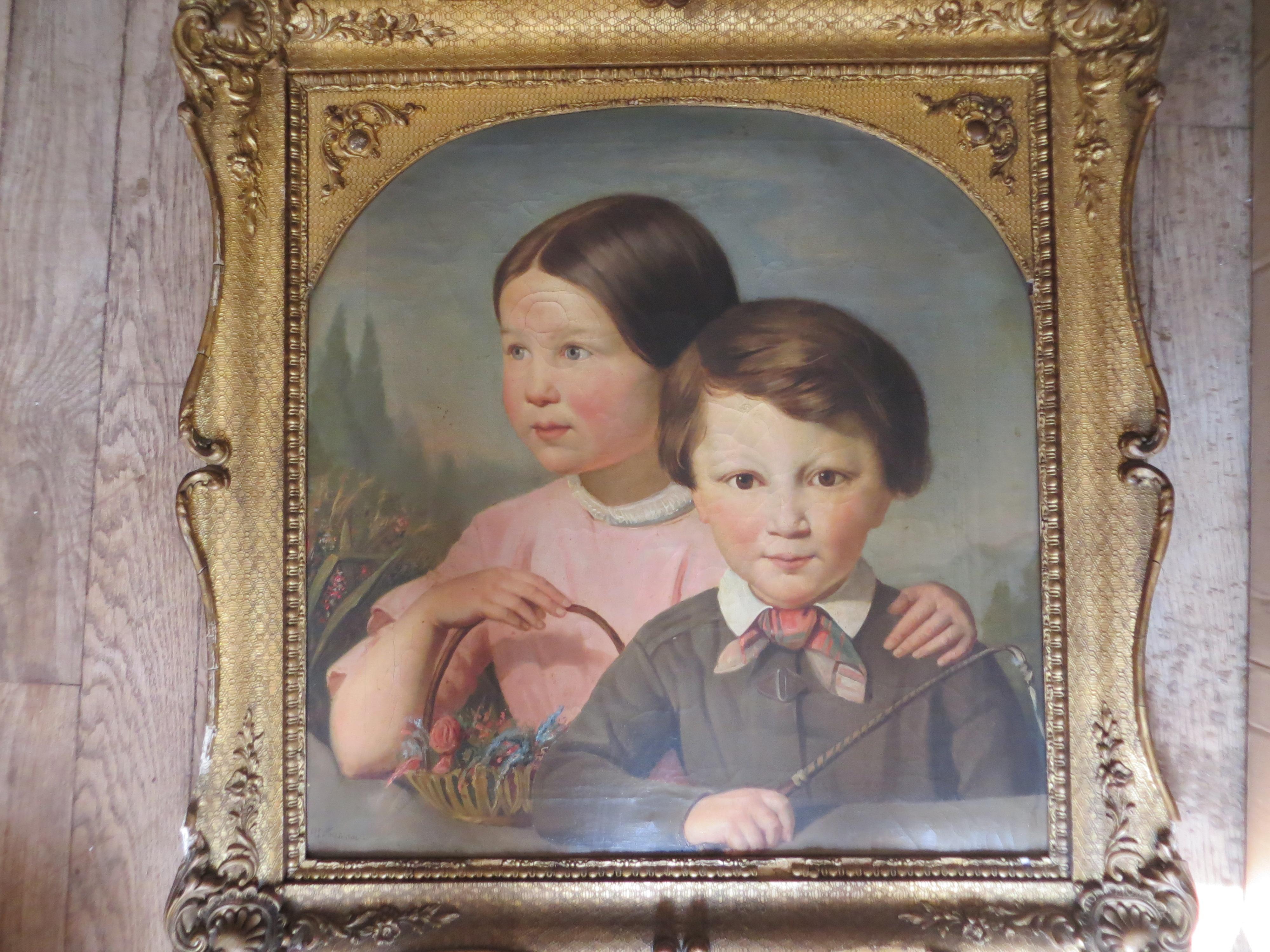 Boy and Girl with  flowers and whip  - Romantic Painting by Unknown