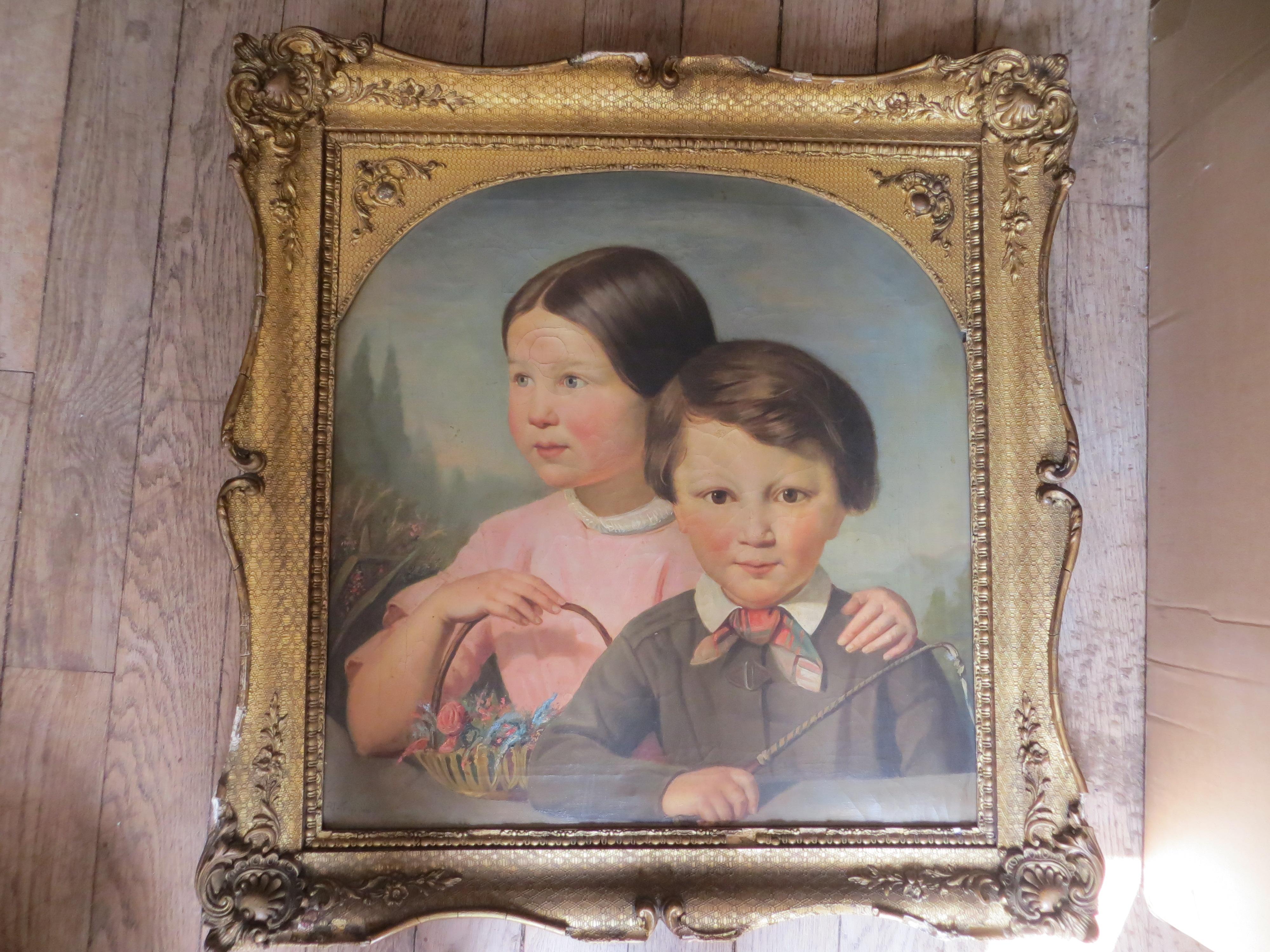 Boy and Girl with  flowers and whip  - Gray Portrait Painting by Unknown