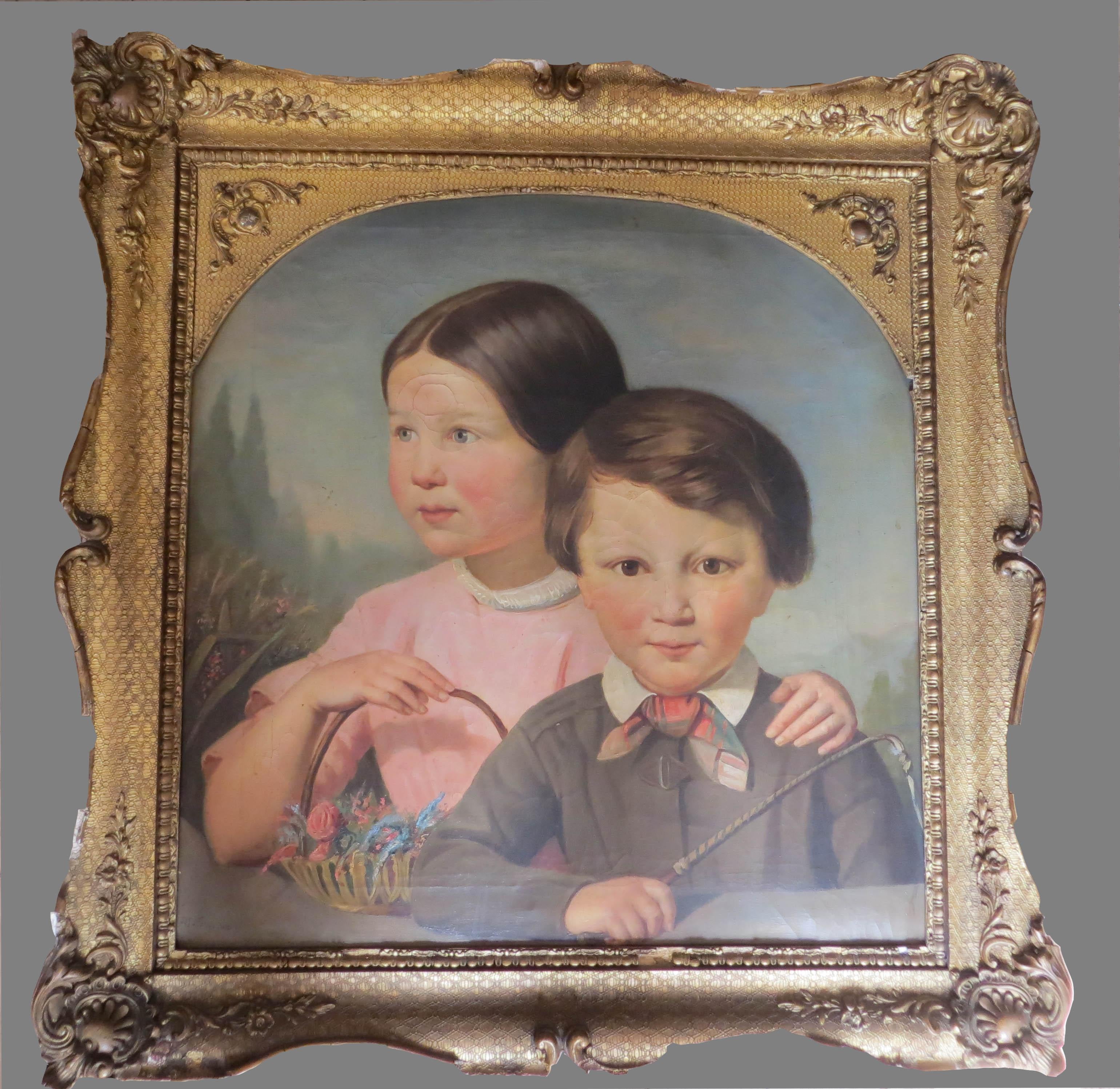 Unknown Portrait Painting - Boy and Girl with  flowers and whip 