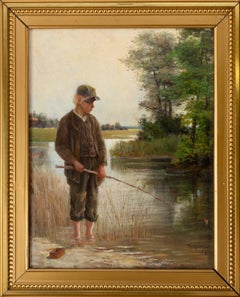 Journée d'été et garçon pêchant au bord du lac , Huile sur panneau signée, 1884