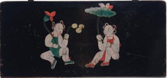 "Boys Beneath Lotus, " Chinese Painted Lacquer Panel