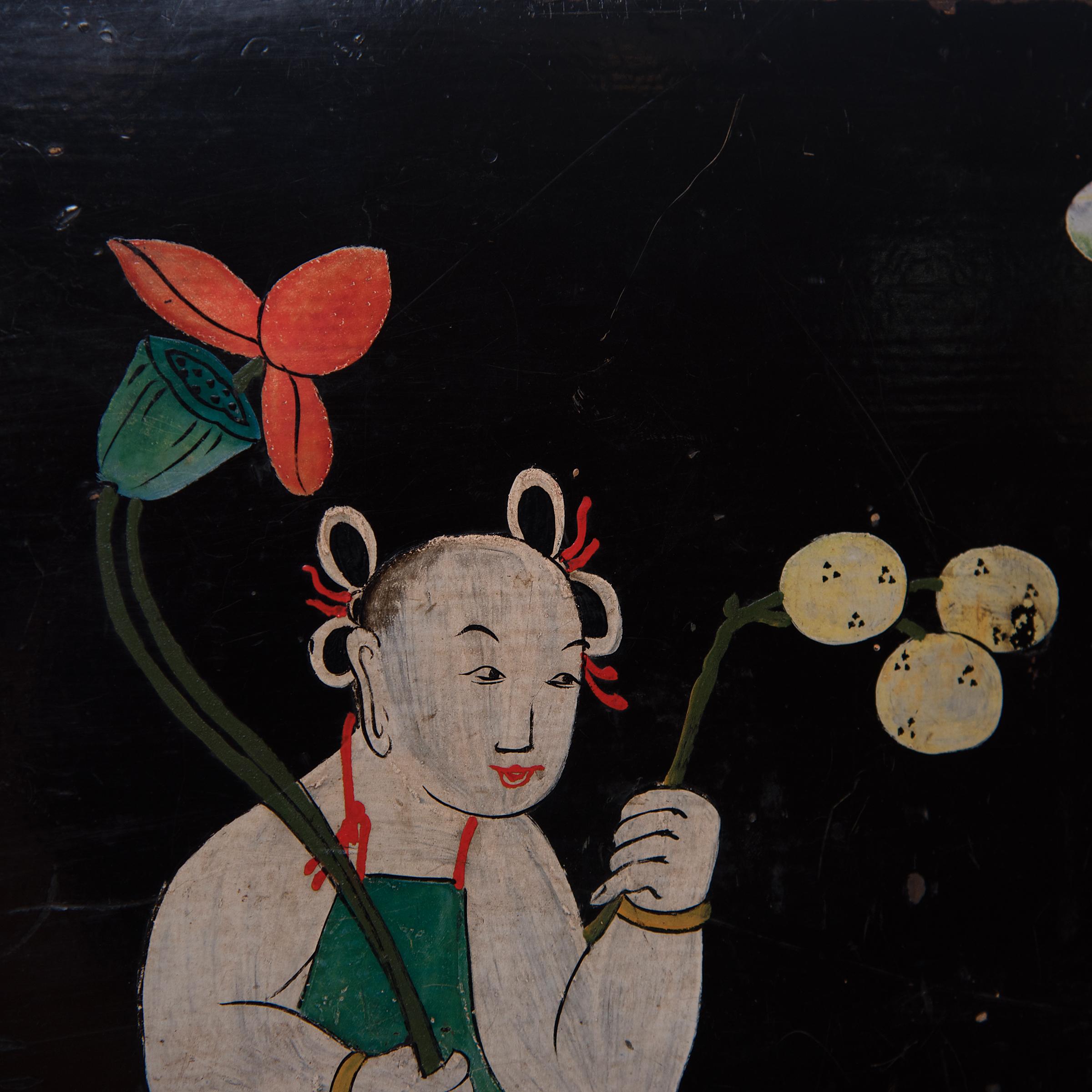 „Boys Beneath Lotus“, Gemälde auf Tafel, um 1850 (Qing-Dynastie), Painting, von Unknown