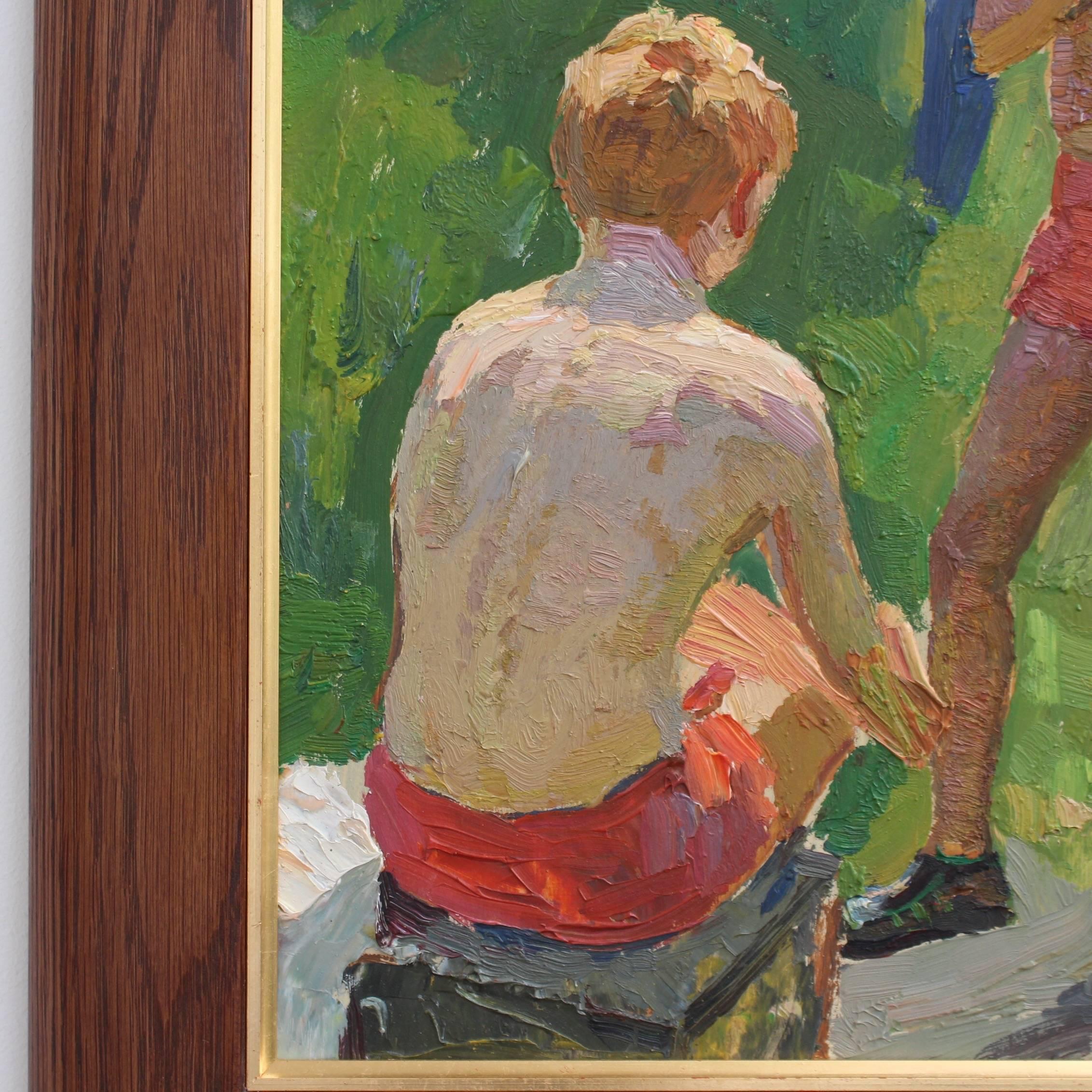Boys in Summertime - Brown Figurative Painting by Unknown