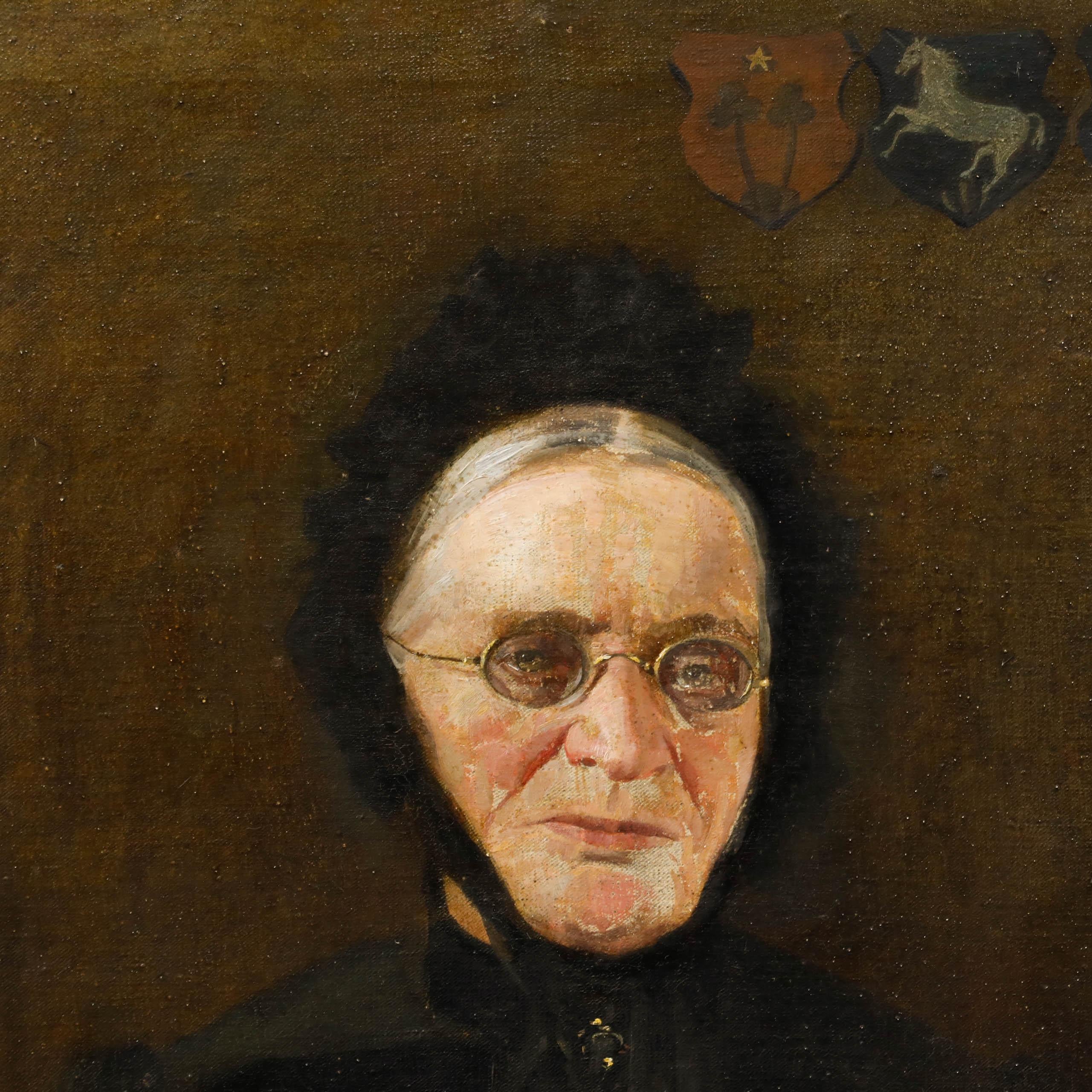 This late 19th-century portrait depicts a figure in dark clothing against a muted brown background, creating a stark contrast that draws focus to the subject's expressive features. In the upper right corner, small decorative elements add a subtle