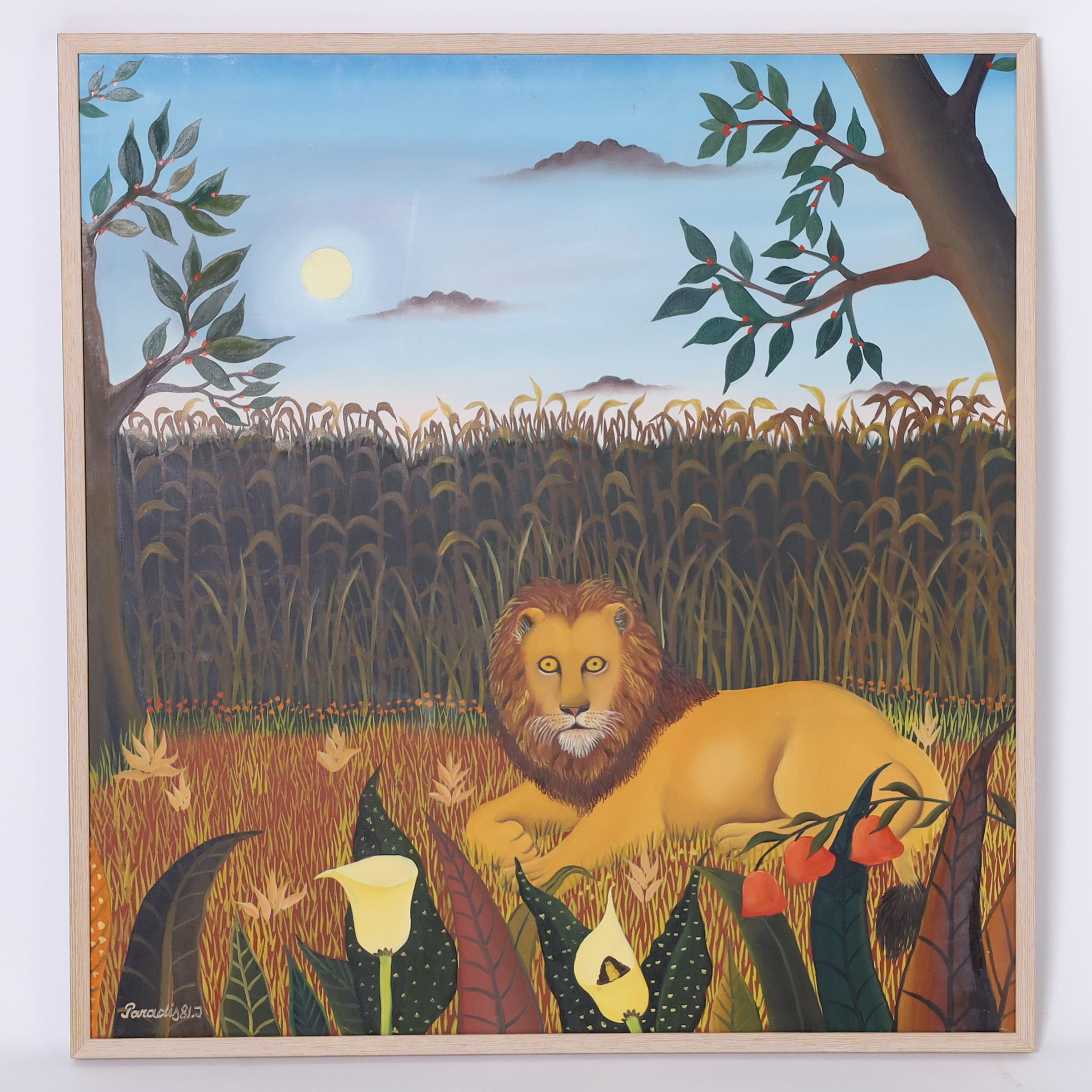 Standout acrylic painting on canvas of a panther eyeing some unsuspecting flamingos while a bird looks on, executed in a charming naive style. Signed paradis 81 and presented in a wood frame.