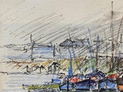 Breton Harbour Boats, Camille Meriot French Signed Impressionist Crayon Drawing