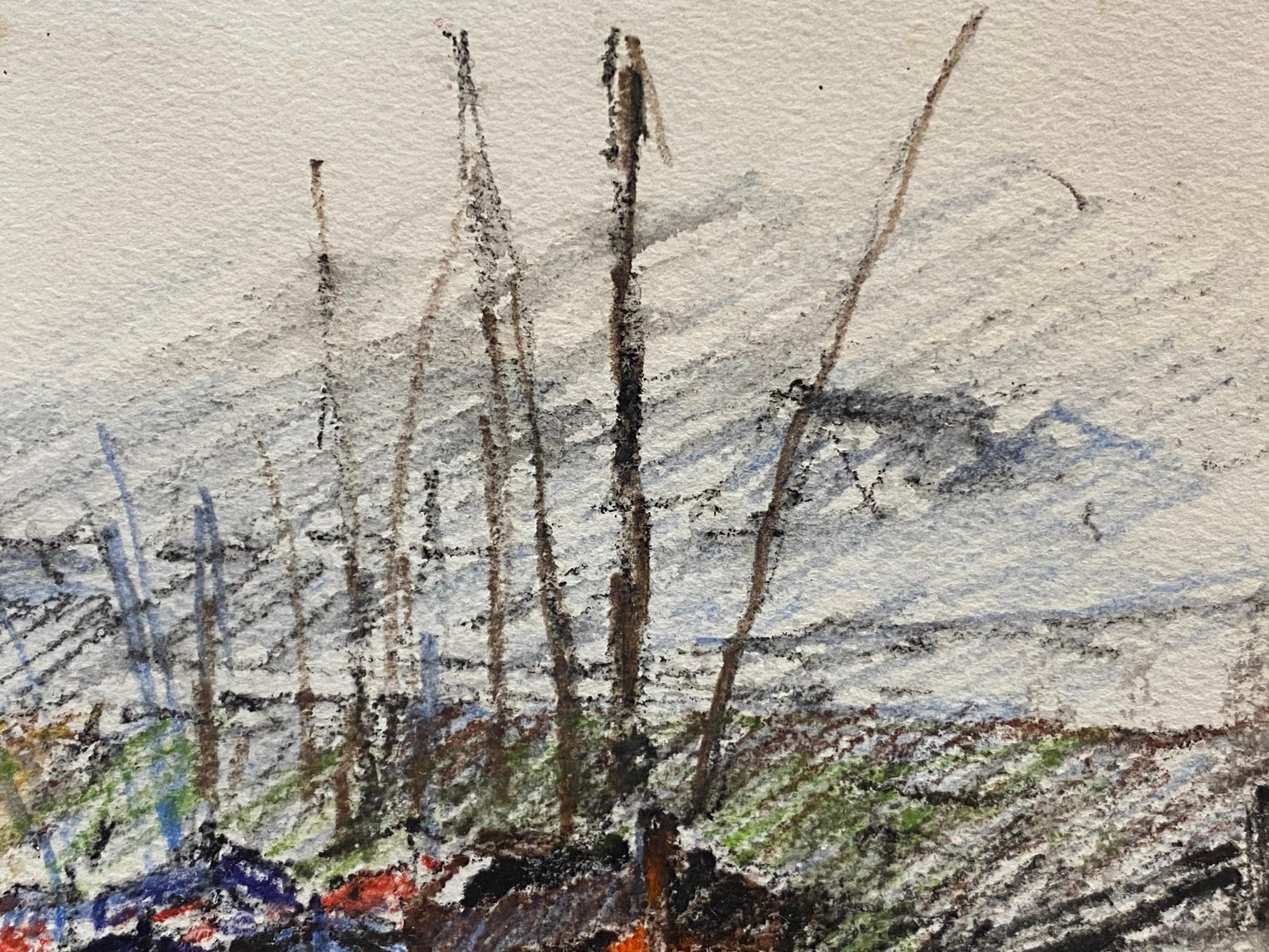 Dessin impressionniste français signé Camille Meriot représentant des bateaux de port de Breton - Gris Landscape Painting par Unknown