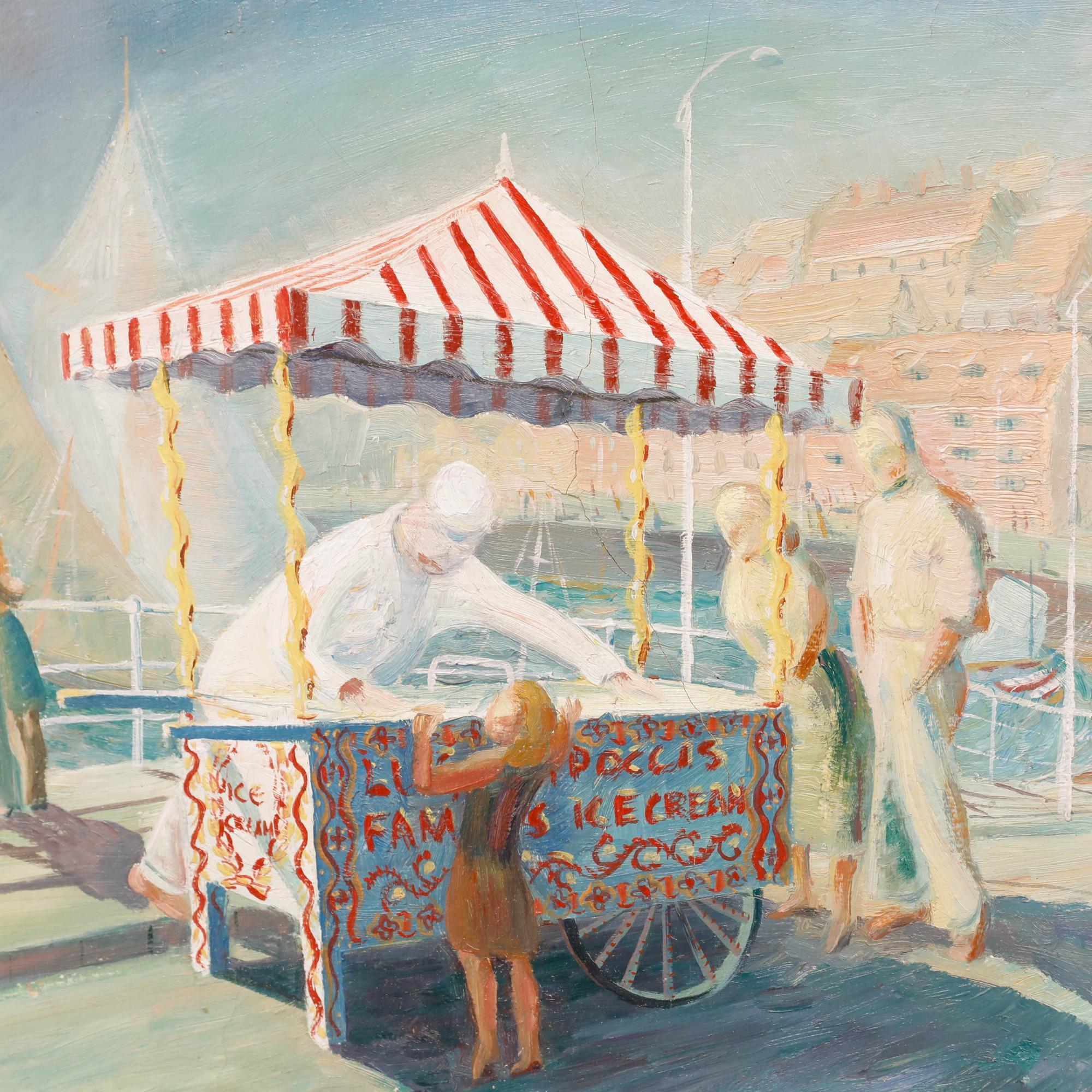 Brian Chugg (1926-2003) - Huile encadrée du 20e siècle, Le chariot à crème glacée - Gris Figurative Painting par Unknown