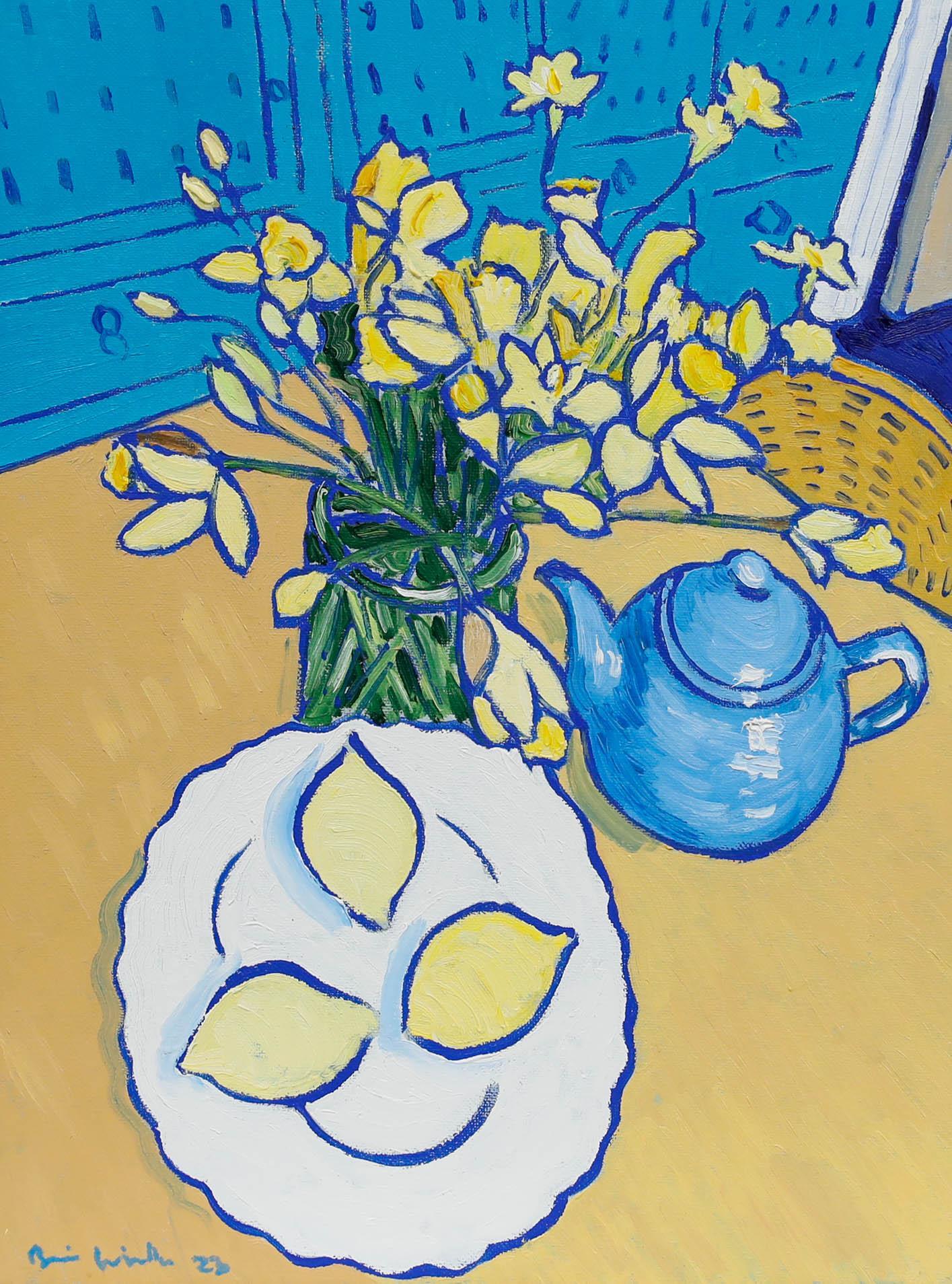 Brian William - Zeitgenössisches Öl, Narzissen & Zitronen mit blauer Teekanne – Painting von Unknown