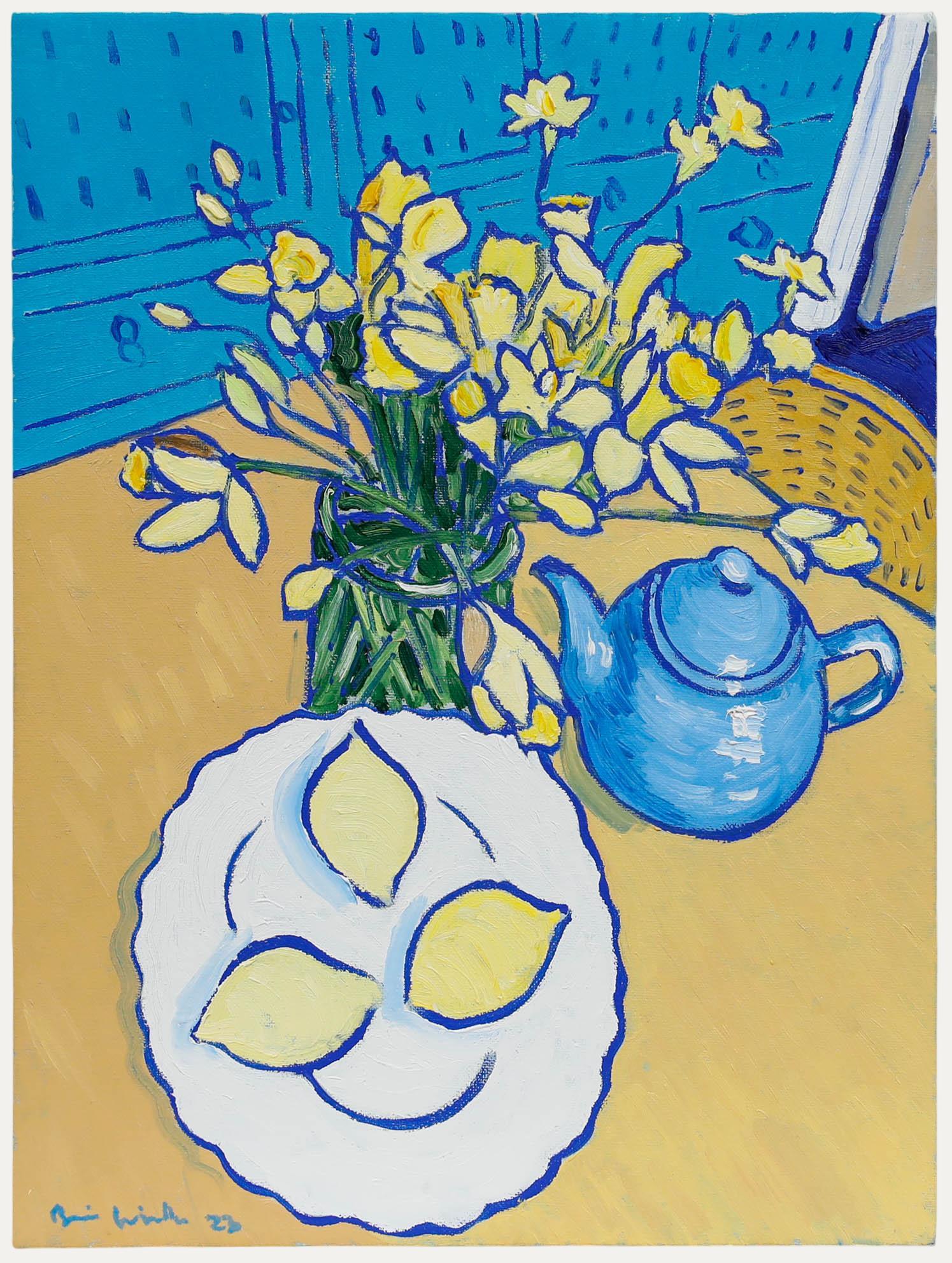 Brian William - Contemporary Oil, Daffodils & Lemons with Blue Teapot