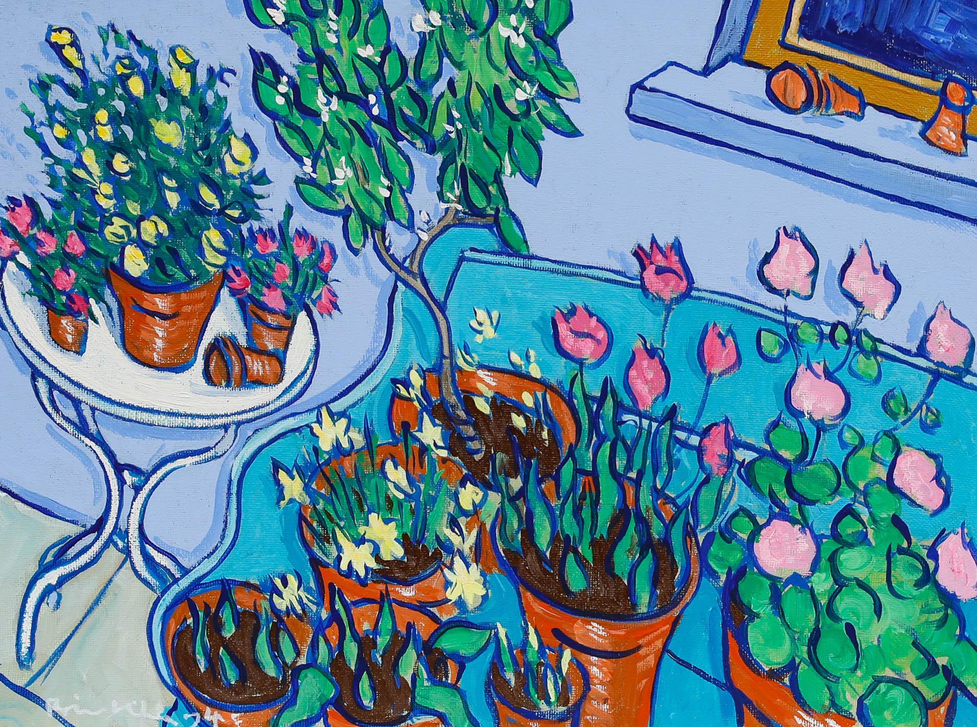 Brian William - Zeitgenössisches Öl, Blumen auf einer Gartenbank – Painting von Unknown