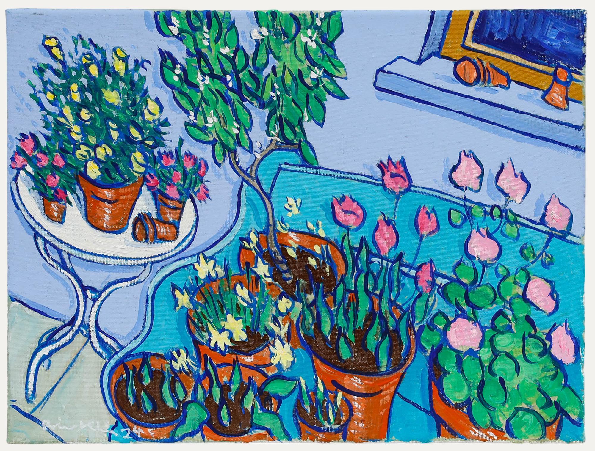 Unknown Still-Life Painting – Brian William - Zeitgenössisches Öl, Blumen auf einer Gartenbank