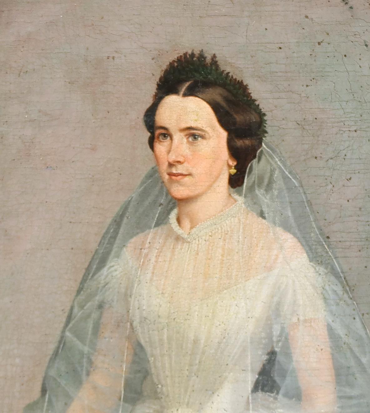 Braut in weißem Hochzeitskleid im Raum mit Empire-Gueridon-Tisch – Painting von Unknown