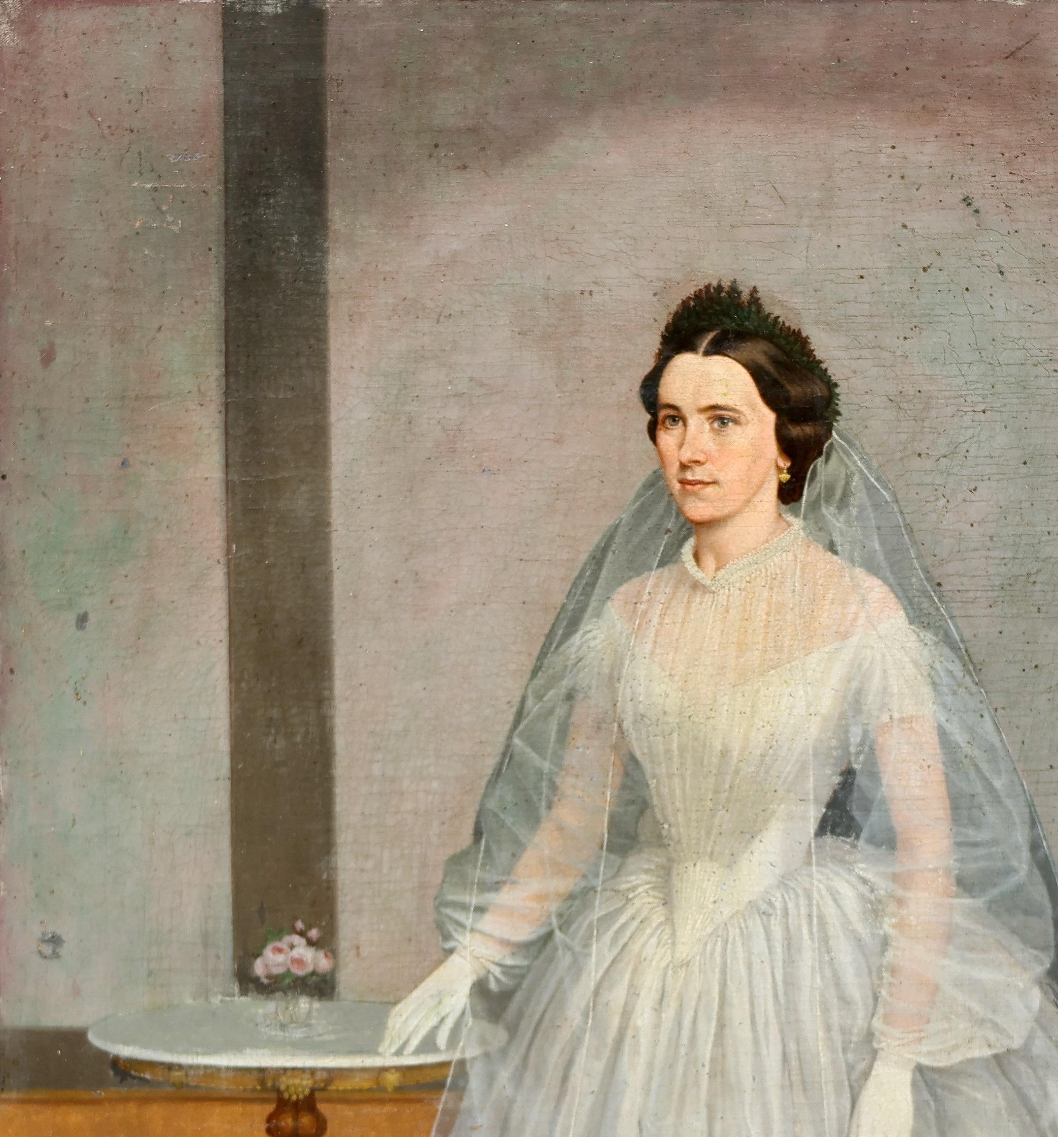 Braut in weißem Hochzeitskleid im Raum mit Empire-Gueridon-Tisch (Romantik), Painting, von Unknown