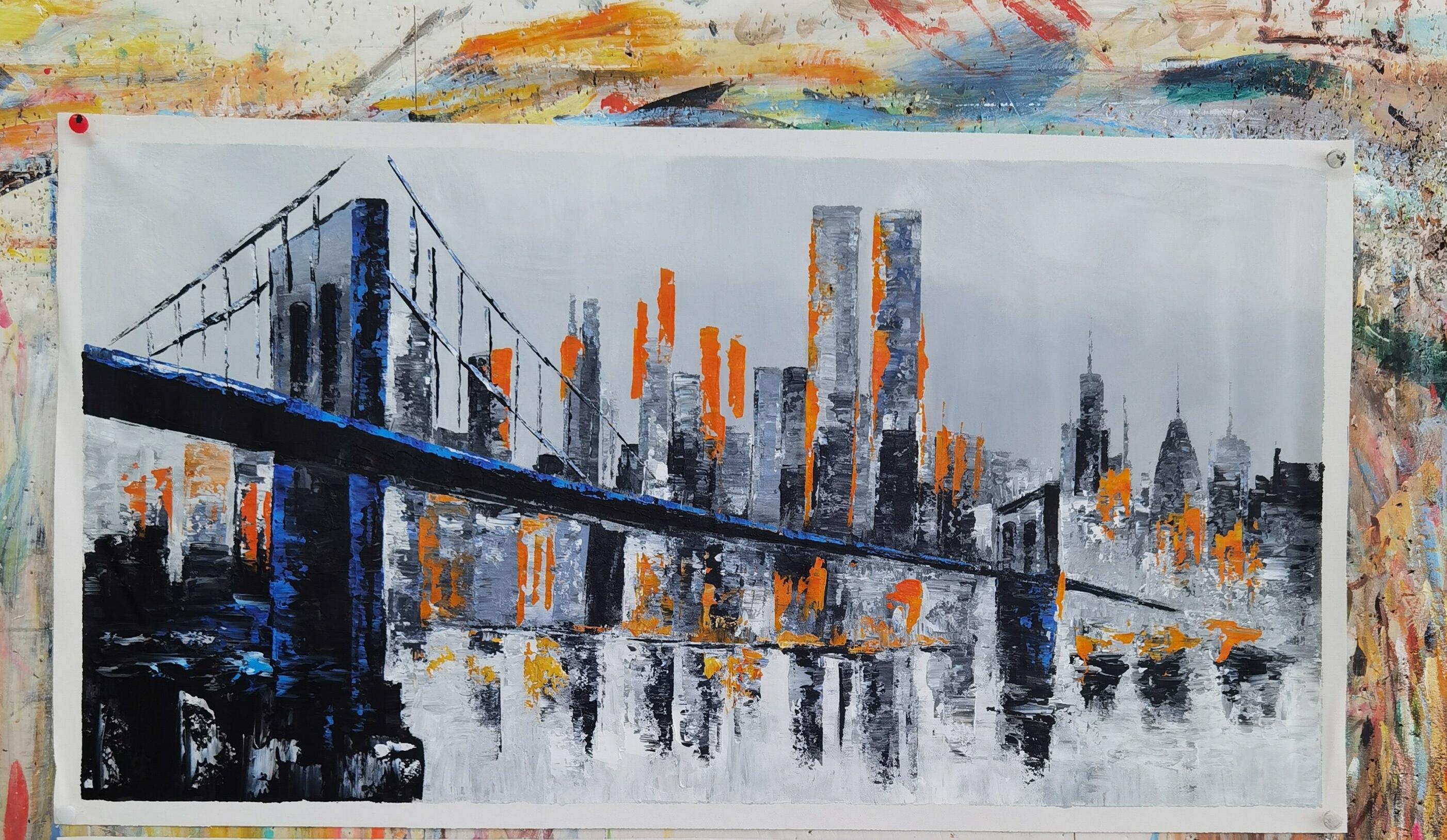 BRIDGE AT NIGHT - Abstract Expressionist Painting by Unknown