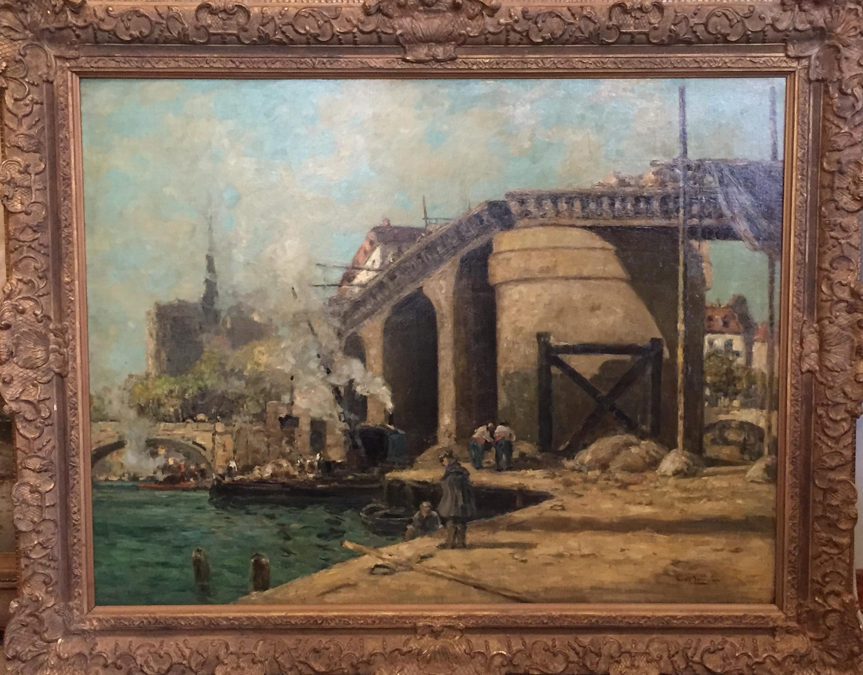 Unknown Landscape Painting – ""Bridge Over the Seine, Paris"" - Gerahmte große französische Landschaft aus dem 19. Jahrhundert