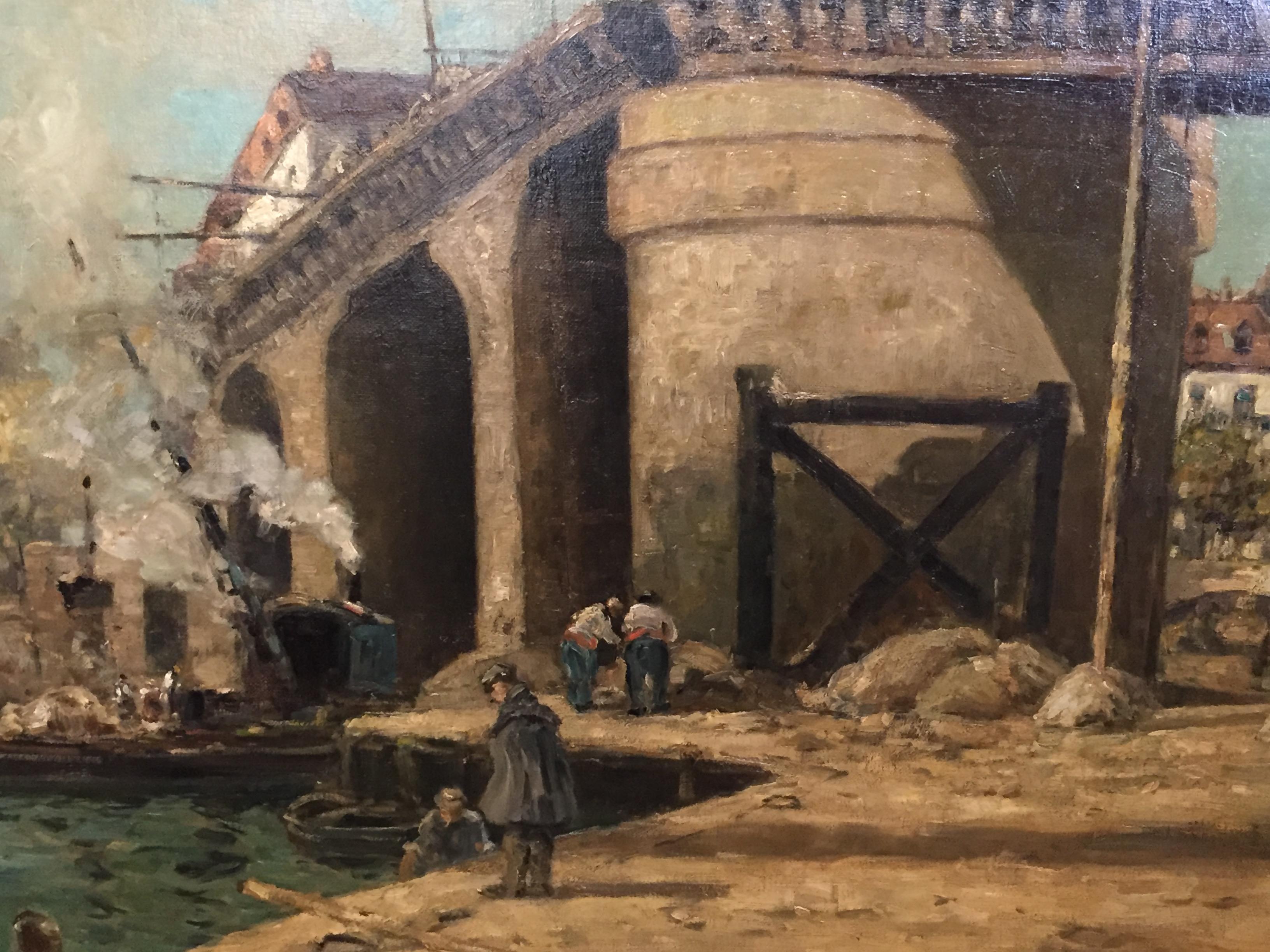 Ein großes, sehr eindrucksvolles Ölgemälde aus dem späten 19. Jahrhundert, das eine Brücke über die berühmte Seine in Paris zeigt. Ein aufmerksamer Reisender wird anhand der Kirche im Hintergrund genau wissen, um welche Brücke es sich handelt. Was
