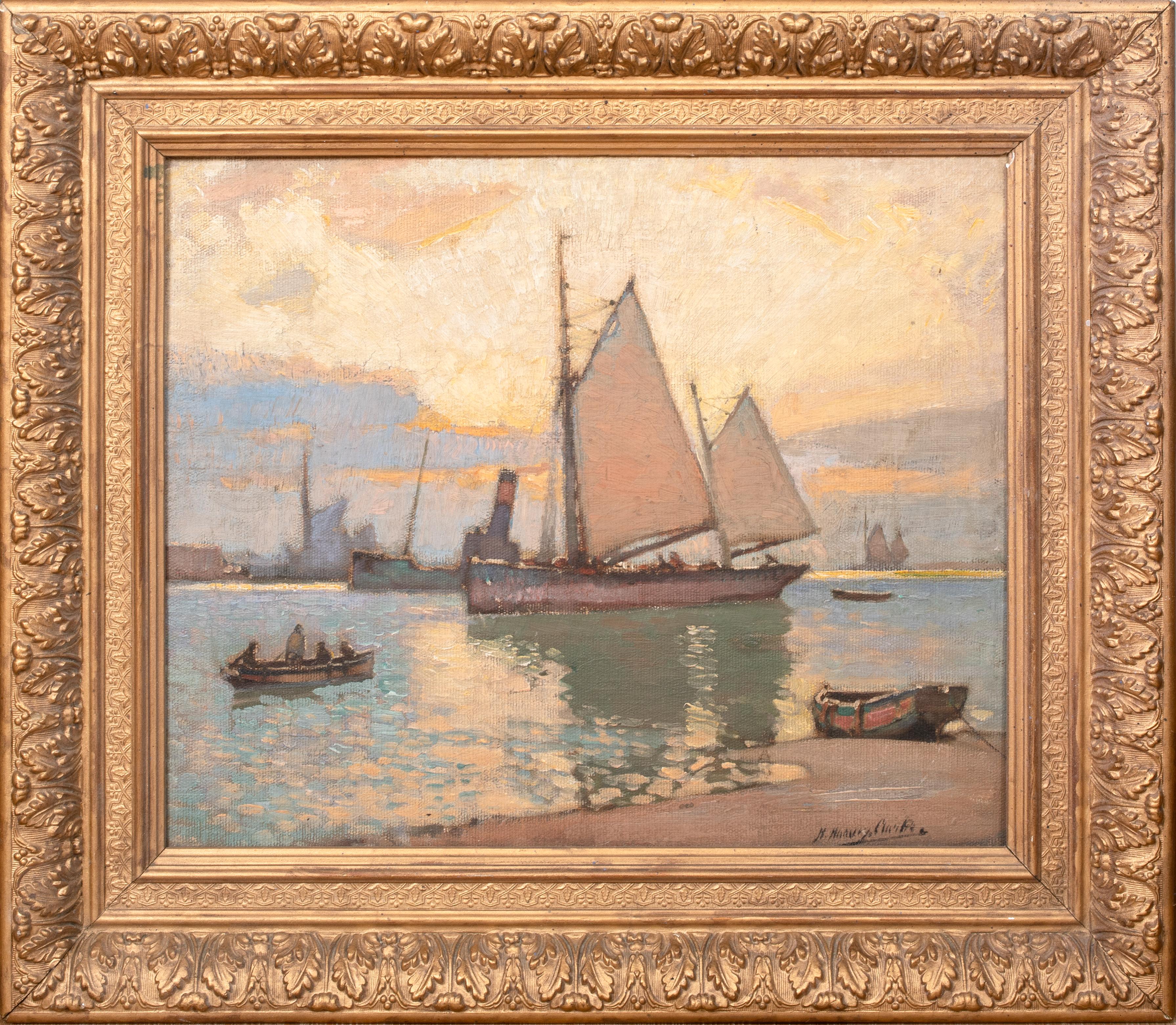 Porto di Brigham, sera, circa 1920  di HARRY HARVEY CLARKE (1869-1948) - Landscape Painting Marrone di Unknown